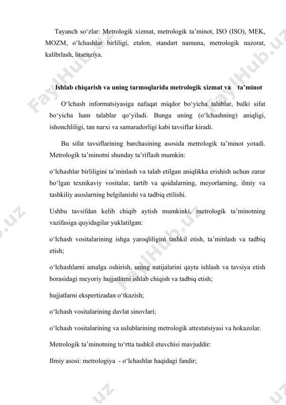 ishlab chiqishda, ta’mirlashda va ishlatishda majburiy davlat qiyoslashidan o‘tkazish, modda va materiallarning tarkibi va xossalari bo‘yicha standart namunalarni yaratish, standart ma’lumotnomalar, mahsulotning majburiy davlat sinovlari. tashkiliy asosi - davlat va mahkamalardagi metrologik xizmatdan tashkil topgan o‘zbekiston respublikasi metrologiya xizmati; meyoriy-qonuniy asoslari - tegishli respublika qonunlari, davlat standartlari, davlat va tarmoqlarning meyoriy hujjatlari. metrologik ta’minotning o‘z oldiga qo‘ygan asosiy maqsadlari: mahsulot sifatini, ishlab chiqarish va uni avtomatlashtirishning samaradorligini oshirish; detallar va agregatlarning o‘zaro almashuvchanligini ta’minlash; moddiy boyliklarning va energetik resurslarining hisobini olib borish ishonchliligini ta’minlash; atrof-muhitni himoya qilish; salomatlikni saqlash va hokazolar. metrologik ta’minot darajasi mahsulotning sifatiga bevosita ta’sir qiladi. bu ta’sir samaradorligini yanada oshirish maqsadida metrologik profilaktika ishlariga va ishlab chiqarishni tayyorlashdagi metrologik ta’minot masalalariga alohida ahamiyat beriladi. bu esa o‘z vaqtida respublikamizda bozor munosabatlarini yanada chuqurroq shakllanishiga va ishlab chiqarilgan mahsulotlarning eskport imkoniyatini oshirilishiga munosib zamin yaratadi. 2.2. metrologiya va standartlashtirish bo‘yicha xalqaro tashkilotlar turli xalqaro tashkilotlar standartlashtirish, metrologiya, …