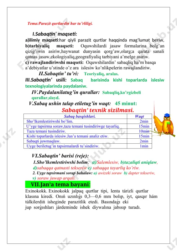shegine túskende olardan shıqqan lichinkalar qan arqalı ókpe, bawır, yamasa basqa organlarǵa barıp, júdá iri, geyde náresteniń basınday hám onnan da úlken qaltashanı (finna)nı payda etedi. bunday qaltasha ishindegi suyıqlıqta tek mikroskopta kórinetuǵın júdá kóp sanlı lichinkalar boladı. iytler hám jırtqısh haywanlar ot jeytuǵın haywanlardıń ishki organları menen birge usınday qaltashanı jegende olar isheginde lichinkalar jetiledi. haywan isheginen dáret penen júdá kóp exinokokktiń máyekleri sırtqa shıǵıp turadı. máyekler haywanlardıń júnine de jabısıp qaladı. adam kesellengen iytti sıypalaǵanda exinokokk máyeklerin juqtıradı. adam hám ot-shóp jeytuǵın haywanlar exinokokktiń aralıq xojayini, iyt hám basqa jırtqısh haywanlar bolsa onıń tiykarǵı xojayini bolıp esaplanadı. shoshqa lenta tárizli qurtı jalpaq qurtlar tipiniń taspa tárizli qurtlar klasına kiredi. onıń dúzilisi hám tirishilik etiwi qara mal lenta tárizli qurtına uqsas bolıp, jetilgen dáwirinde adam isheginde, al lichinkası shoshqalardıń bulshıq etinde ushırasadı. adam jaqsı pisirilmegen shoshqanıń góshin jegende, parazit finnasın juqtıradı. balalar ishek qurtı. bul ishek qurtı dóńgelek qurtlar …