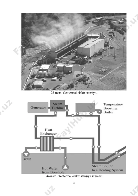 lg‘ilaridan foydalanadi. elektr stansiyada 1 soatda 1000 m3 bioyoqilg‘ini yoqib energiya oladi. yoqilg‘i yoqiladigan qozonning pastgi (asosi) diametri 8,5 m va 40 m va balandlikdagi yuqori diametri 24 m ni tashkil qiladi. 7 elektr stansiyani bioyoqilg‘i bilan ta’minlash uchun 1 kunda 120 ta yuk tashish mashinalaridan foydalaniladi. stansiyada yoqilg‘i sifatida toshko‘mirdan ham foydalanishi mumkin. o‘zbekistonning qishloq xo‘jaligi va agrosanoati rivojlangan davlat ekanligini hisobga oladigan bo‘lsak, bioenergetika kelajagi tez rivojlanadigan energetika sohasi bo‘lib qoladi. nazorat savollari 1. gidroenergetika zaxirasining ahvoli. 2. dengiz suvining ko‘tarilish va pasayishidan hosil bo‘ladigan energiya zaxirasi. 3. geotermal energiya zaxiralari 4. rivojlangan mamlakatlarda gidroenergetika zaxiralari 5. rivojlangan mamlakatlarda geotermal energiya zaxiralari 6. rivojlangan mamlakatlarda boshqa turdagi energiya zaxiralari