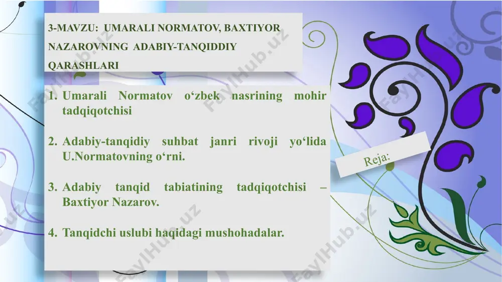 i”, “guliston”, “said ahmad», «shuhrat», «talant tarbiyasi», «yetuklik» (1982), «aql va qalb chirog‘i» (1983), «davr tuyg'usi» (1987) singan monografiya va adabiy portretlari o'zbek adabiy tanqidchiligi taraqqiyotida muhim iz qoldirdi. xususan, «nasrimiz ufqlari» (1974) degan salmoqh monografiyasida 60-70-yillar hikoyachiligi, qissachiligi va romanchiligi masalalarining muhim qirralari tadqiq qilindi. 2.adabiy-tanqidiy suhbat janri rivoji yo‘lida. munaqqidning “talant tarbiyasi” kitobi iste'dodli o'zbek yozuvchiiari bilan ijod va mahorat sirlari haqida bevosita muloqoti, bahs-suhbati negiziga qurilgan. tanqidchining a.muxtor, o.yoqubov, p.qodirov, mirmuhsin, said ahmad, h.g‘ulom, x.to‘xtaboyev, erkin vohidov, o‘.hoshimov, u.hamdam, h.boltaboyev, e.ochilovlar bilan suhbatlarida ijodkor olamiga, laboratoriyasiga chuqur kirib boriladi, ular qalbidagi ijodiy dardlar ochiladi, tajribalar umumlashtiriladi va o‘quvchilar uchun ibratli xulosalar chiqariladi. o‘zbekiston xalq shoiri erkin vohidov bilan olib borilgan suhbat mavzusi «talant tarbiyasi» haqida. tanqidchi suhbatlarining aksariyatini mana shu muammolar birlashtirib turadi. kitobning mantiqan «talant tarbiyasi» deb nomlanishi ham shundan. tanqidchini, avvalo, talant, iste'dod, ulami tarbiyalash, hozirgi kunda talantli ijodkorlarga munosabat kabi masalalar qiziqtiradi. shuning uchun …
