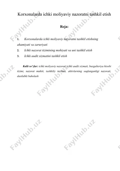 korxonalarda ichki moliyaviy nazoratni tashkil etish — DOCX