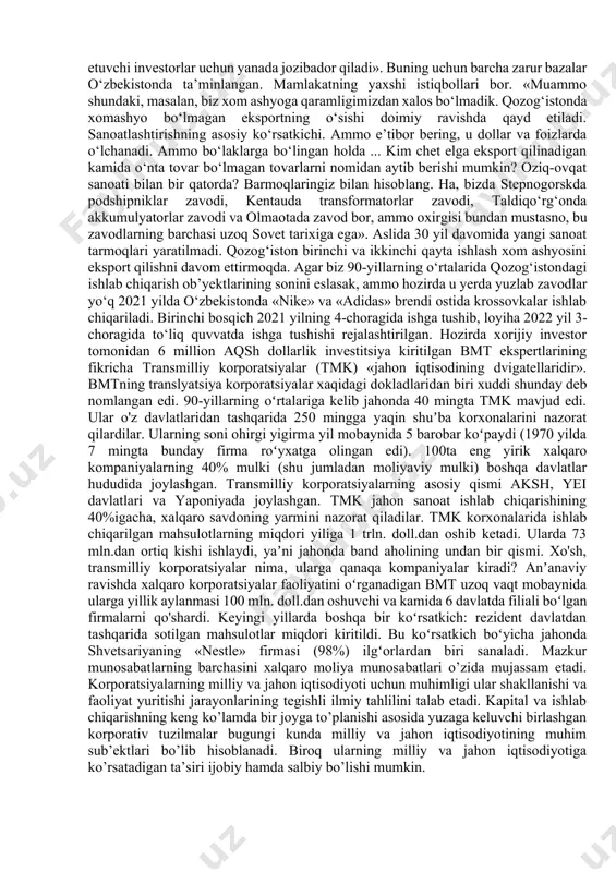 iyalarning barqaror faoliyat ko’rsatishiga ham ta’sir ko’rsatadi. transmilliy korporatsiyalar xalqaro moliya munosabatlari rivojlanishida muhim o’rin egallaydi. chunki, aynan transmilliy korporatsiyalarning faoliyati orqali butun dunyo bo’ylab investitsiyalar oqimi harakat qiladi. transmilliy korporatsiyalar tomonidan mamlakat iqtisodiyotiga kiritilgan investitsiyalar milliy iqtisodiyotning barqaror rivojlanishiga ijobiy ta’sir ko’rsatadi. xususan, mamlakatimiz iqtisodiyotiga ham keyingi yillarda dunyodagi etakchi transmilliy korporatsiyalar tomonidan investitsiyalar jalb etilmoqda. bunday transmilliy korporatsiyalar jumlasiga, coca cola, jeneral motors, mitsui, hyundai, nestle, samsung va boshqalarni kiritishimiz mumkin. transmilliy korporatsiyalar tomonidan mamlakatlar milliy iqtisodiyotiga kiritilayotgan investitsiyalar natijasida mazkur mamlakatning jahon xo’jaligi bilan aloqalari rivojlanib boradi. bu holat esa, xalqaro moliya munosabatlari rivojlanishiga ijobiy ta’sir ko’rsatadi. chunki, transmilliy korporatsiyalar bir vaqtning o’zida, xalqaro investitsiya munosabatlari, eksport-import operatsiyalari, xalqaro valyuta munosabatlari, xalqaro lizing munosabatlari hamda xalqaro moliya bozorlaridagi operatsiyalar rivojlanishiga o’zining ta’sirini o’tkazadi. hozirgi kunda transmilliy korporatsiyalar o’zbekistonda ish boshlashlarini sababi davlatmiz paxtasi tufayli va shunigdek juda arzon ishchi kuchi, harakatchanlik, mehnatga yo‘naltirilgan mentalitet, amaliy intizom hisoblanadi. …