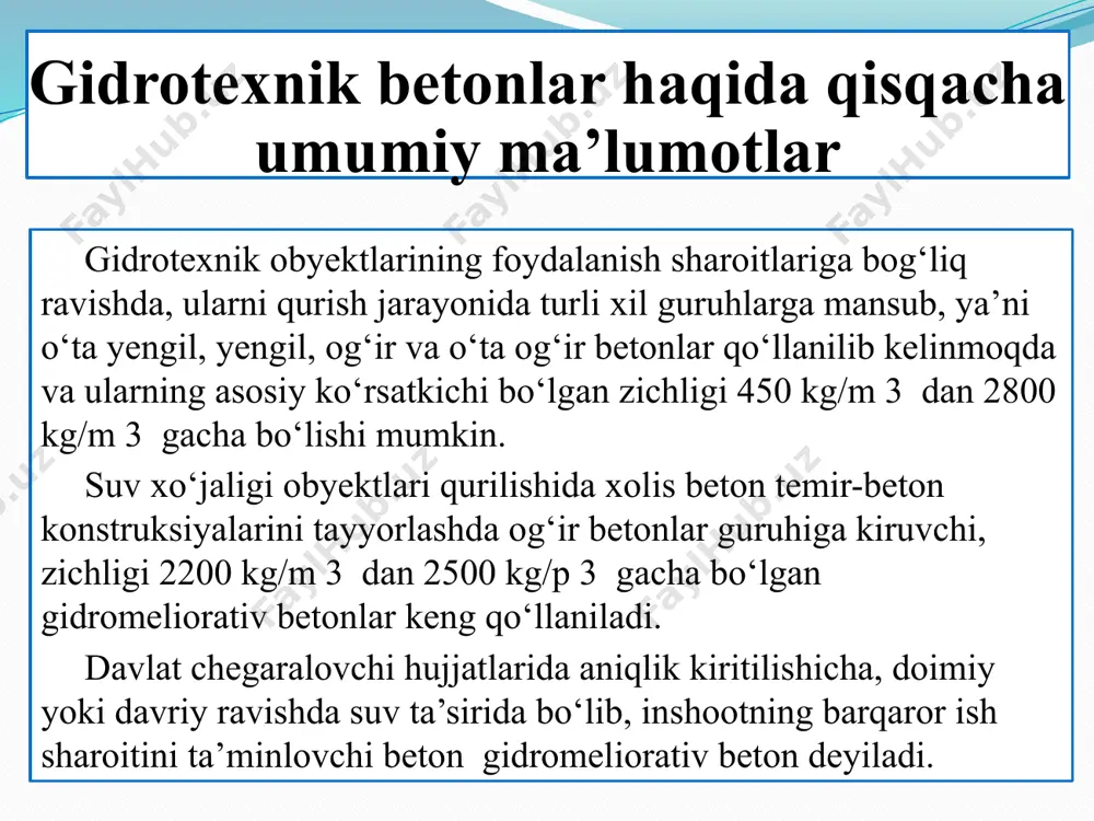 rioya qilingan holda olib boriladi. havo harorati 0...+5 °c dan pastga tushsa, yotqizilgan beton mustahkamligi o‘sish jarayoni keskin ravishda sekinlashadi. agar havo harorati 0 °c dan ham pasayib ketsa, beton qorishmasi tarkibidagi suv muzlashi natijasida gidrotatsiya jarayoni batamom to‘xtashi kuzatiladi. beton qorishmasi qotish jarayonida muzlasa, bir qator salbiy oqibatlar yuzaga keladi, ya’ni to‘ldiruvchilar yirik donalari atrofida suv yig‘ilib muzlashi natijasida gidrotexnik betonga sovuq haroratning ta’siri keyinchalik bo‘shliqlar paydo bo‘lib, betonning bir jinsliligi, yaxlitligi buzilib, zichligi keskin pasayadi, shuningdek, beton bilan armatura o‘rtasidagi bog‘lanish nihoyatda ojizlashadi. yuqorida aytilganlarni inobatga olgan holda, shuni qayd qilish kerakki, beton qorishmasini tayyorlashdan boshlab, belgilangan mustahkamlikdagi beton hosil bo‘lishigacha bo‘lgan barcha texnologik jarayonlarda harorat 0 °c dan yuqori bo‘lishi jiddiy ravishda talab qilinadi. qish davrida betonni parvarishlash jarayoni, beton o‘zagining loyihaviy (qish davri uchun) yoki «chegaraviy» mustahkamligiga erishguncha davom ettiriladi. qish davrida betonlashtirish jarayonlaridagi usul va amallarni bir necha guruhga bo‘lish mumkin: beton mustahkamlikka erishishini tezlashtirish …