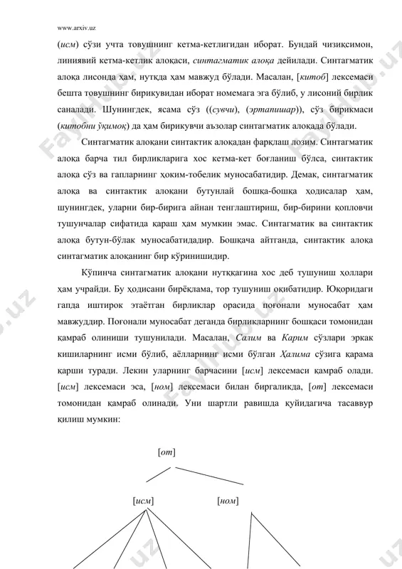 iklar turning ko'rinishlari - jinslar sifatida namoyon bo'ladi. ikkinchi munosabatdagi birliklar [daraxt] leksemasining xususiy ko'rinishlari - juz'iylashishidir. birinchisida esa bunday munosabat mavjud emas. shu boisdan «gilos daraxtdir» tarzidagi hukmni aytish mantiqiydir. biroq «ildiz daraxtdir» deyish mumkin emas. tilshunoslikda lisoniy birliklarning butun-bo'lak munosabati partonimik (part - qicm, bo'lak), tur-jins munosabatlari giponimik (...jins) munosabatlar deyiladi. partonimik munosabatlarga kirishuvchi qismni ifodalovchi birliklar partonimlar, giponimik munosabatga kirishuvchi jins nomlari giponimlar deyiladi. butunlik totonim va tur nomi giperonim deyiladi. o'xshashlik (paradigmatik) munosabatlari o'zaro teng (pog'onali munosabatdagi [daraxt] va [tana], [daraxt] va [gilos] birliklari semantik qamrovi jihatdan teng emas edi), bir umumiy belgi asosida birlashib, qator hosil qiluvchi, ammo o'ziga xos belgilarga ko'ra farqlanib turuvchi birliklarning o'zaro aloqalarini ifodalaydi. yuqorida aytilganidek, paradigma a'zolari o'zaro teng bo'lib, nutqda bir xil o'rinni egallaydi va bir xil xususiyatlarga ega bo'ladi. berilgan misoldagi [salim], [karim], [halima] so'zlari o'zaro teng, bir xil o'rinda kela oladi, biroq o'zaro farqlarga ham ega. o'zaro …