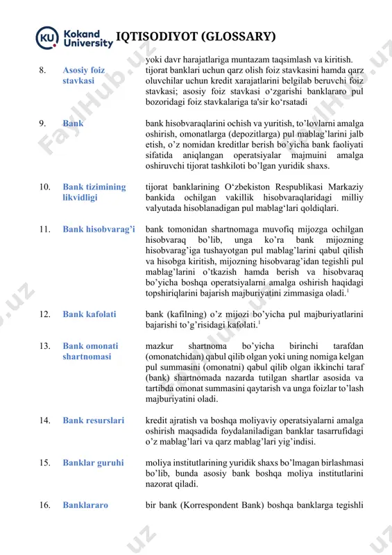 anklararo korrespondent aloqalar bir bank (korrespondent bank) boshqa banklarga tegishli omonatlarni saqlaydigan va ikkinchisiga to’lov va boshqa operatsiyalar bo’yicha xizmat ko’rsatadigan shartnomaviy munosabatlar. 17. banklararo pul bozori milliy va xorijiy valyutalardagi mablag‘larni joylashtirish va jalb qilish bo‘yicha qisqa muddatli (odatda bir yilgacha) birja savdo operatsiyalarini tashkil etish va o‘tkazish tizimi. 18. banknotlarni tekshirish pul blankalari va metall tangalarning haqiqiyligi va to’lov qobiliyatini tekshirish. 19. bankomat bank avtomati: bank mijoziga mustaqil ravishda bank plastik kartasi yordamida o’z hisobvarag’i bo’yicha oddiy bank amaliyotlarni amalga oshirish imkonini beruvchi dasturiy ta’minot, asosan, bank plastik kartasi orqali naqd pul yechib olishga mo’ljallangan. 20. bazaviy inflyasiya mavsumiy va ma'muriy xususiyatga ega bo‘lgan omillar ta'sirida bo‘lgan ayrim tovarlar va xizmatlar (meva–sabzavotlar, yoqilg‘i, yo‘lovchi transportining ayrim turlari, aloqa xizmatlari, uy–joy kommunal xizmatlari va boshqalar) narxlarining o‘zgarishini hisobga olmagan holda hisoblanadigan inflyatsiya. 21. budjet (qadimiy fransuzcha „baguete“-karmon, sumka) — bu davlat va mahalliy oʻz-oʻzini boshqarish vazifalari va funksiyalarini moliyaviy …