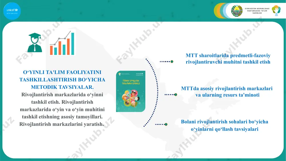 his-tuyg‘ular va harakatlar rivojlanishi mumkin bu barchaning shaxsiy ehtiyojlariga javob beradigan murakkab hodisadir. o‘yinda mavjud bo‘lgan turli jihatlar: 2 ishtirokchilar tomonidan faol jalb qilinganlik; 5 ishtirokchilar tomonidan shaxsan yo‘naltirilgan yoki birgalikda yo‘naltirilgan bo‘lishi mumkin 1 zavq va quvonch; 3 ichki motivasiya (ya'ni u tashqi maqsadsiz o‘tkaziladi);. 4 tadbirlar ishtirokchilar tomonidan erkin tanlanadi; 6 e'tibor maqsadga (mahsulot) emas, balki vositalarga (jarayonga). 1 4 2 5 3 6 pestle analysis o‘yin faoliyatida mtt pedagogi quyidagi rollarda ishtirok etishi mumkin: 11 bolalar o‘yiniga yaqindan e'tibor bersak, o‘yinda sezgir va malakali yordamchilarga aylanamiz. pedagog kuzatuvchi sifatida biz bolalar o‘yinini unda qatnashib, uni boshqarib va bolaning o‘yindan ko‘ngli qolganida yoki uni bilim va ko‘nikmalar yetishmaganidan tashab ketganida modellashtirib qo‘llab-quvvatlashimiz mumkin. pedagog o‘ynayotganlarning biri sifatida biz o‘yinga zamin yaratuvchi materiallar, jihoz va/yoki o‘yinchoqlarni taqdim etib va joylashtirib, tadbirlarni uyushtirib bolalar o‘yinlarini qo‘llab-quvvatlash uchun sharoitlar yaratamiz. pedagog rejissyor sifatida u guruhda qulay mikroiqlimni yaratib, guruhning sermahsul faoliyatini …