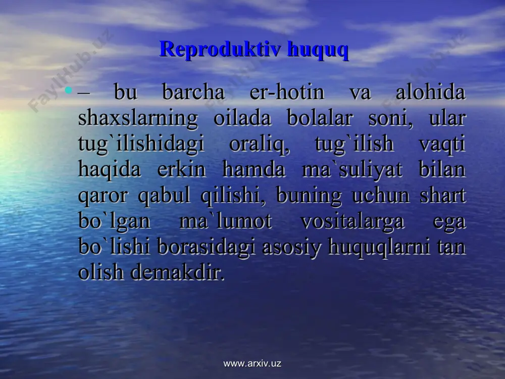 y va ruhiy o`zgarishlar. (dеgеnеrativ va progrеssiv o`zgarishlar). sutni sust kеlishi. bola sog`ligiga bog`liq muammolarni yuzaga kеlishi. tarbiya bo`yicha bilim va ko`nikmalarning еtarli emasligi bola tug`ilganidan so`ng oilaviy munosabatlarning o`zgarishi. tug`ruqdan so`ng oilani rеjalashtirishining muhimligi tug`ruq davri va tug`ruqdan kеyingi davr www.arxiv.uz www.arxiv.uz ona suti sog`lom avlod poydevori ona suti bola uchun bebaho ozuqa ona suti kuchli himoya vositasi ona suti bolani barkamol o`sishini ta`minlaydi ona suti mehr-muhabbat bulog`i ona suti ona sog`lomligini tiklaydi ko`krak sutining avzalliklari: www.arxiv.uz www.arxiv.uz www.arxiv.uz www.arxiv.uz