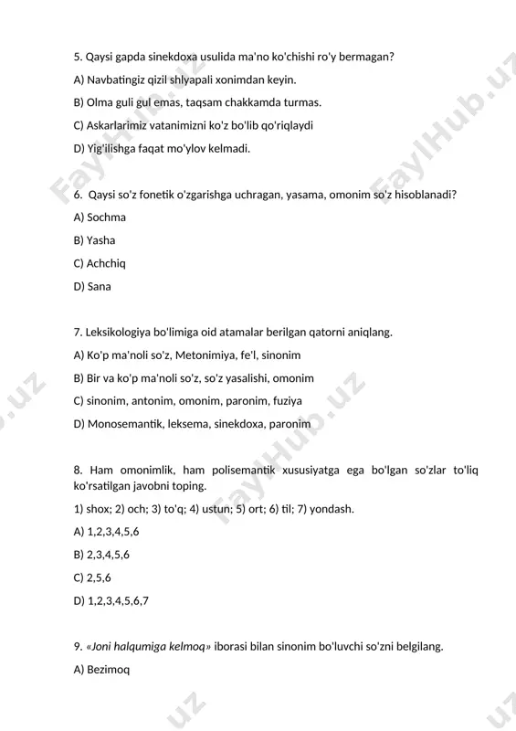 d) 1,2,3,4,5,6,7 9. «joni halqumiga kelmoq» iborasi bilan sinonim bo'luvchi so'zni belgilang. a) bezimoq b) qo'rqmoq c) charchamoq d) tobi qochmoq 10. jo'shadi buloqning kumush yoshlari, ham mungli, ham shirin jildirashlarlari. she'riy parchada ma'no ko'chishining qaysi turi qo'llangan? a metonimiya b) vazifadoshlik c) sinekdoxa d) metafora 11. qaysi gap tarkibida o'z paronimi bilan o'zaro bir turkumga mansub bo'la oladigan tub so'z berilgan? a) bu jang varaqasini ifoda eta olgan yozuvchiga har bir satr ulkan jangnoma uchun bir bob bo'laveradi. b) xalq bilan bo'lg'usi muomalada qilichga emas, adl kuchiga tayanmoq joiz. c) yovga chiqsang yarog'li chiq, yolg'iz chiqma, hamrohli chiq. d) xuddi nina suqib chiqqandan tanam zirqirab og'riyapti. 12. ham hokim, ham tobe qismi omonimlik xususiyatiga ega bo'lgan moslashuvli so'z birikmasi ishtirok etgan gap berilgan qatorni aniqlang. a) eh, bolam-a, farzand dog'i nimaligini sen qayoqdan bilarding, xudo saqlasin, hech kimning boshiga tushmasin. b) dunyo sir-asrorini bilishni istagan kishi, avvalo, o'zligini anglashi …