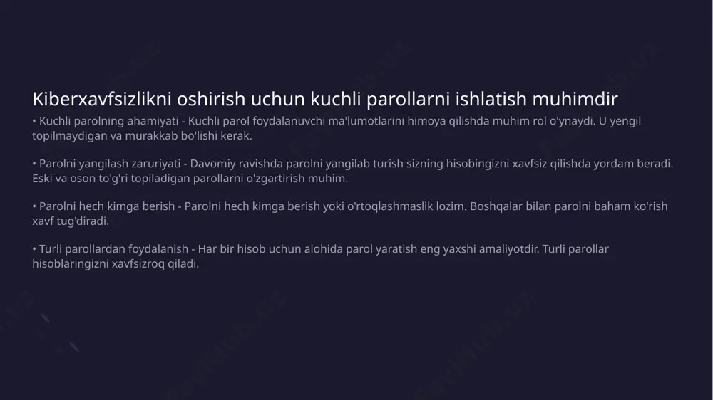 tlarini himoya qiladi va ishonchli xizmatlar orqali mijozlarning xavfsizligini ta'minlaydi ishchilarni kiberxavfsizlik bo'yicha o'qitish zarur • kiberxavfsizlikning asosiy tushunchalari - kiberxavfsizlik deganda axborotni himoya qilish va kiberhujumlarning oldini olish maqsadida ishlatiladigan usullar bilan tanishuv tushuniladi • zarur o'qitish dasturlari - ishchilarga kiberxavfsizlik bo'yicha muntazam o'tkaziladigan o'qitish dasturlari tajribalarni oshiradi va xatolarni kamaytiradi • xavf va muammolarni aniqlash - o'qitilgan ishchilar xavf-xatarlarni tezda aniqlaydilar va ularni hal qilish bo'yicha samarali choralarni ko'rish imkoniyatiga ega bo'lishadi • ish joyida kiberxavfsizlik madaniyati - kiberxavfsizlik bo'yicha o'qitish ish joyida xavfsizlik madaniyatini yaratishga yordam beradi va xodimlarning mas'uliyatini oshiradi zaxira nusxalarini yaratish ma'lumotlarni yo'qotishdan saqlaydi • ma'lumotlarni saqlash ahamiyati - zaxira nusxalari muhim ma'lumotlarni yo'qotishdan saqlaydi va ularni xavfsiz saqlaydi • yuqori xavfsizlik darajasi - zaxira nusxalari o'z ma'lumotlaringizni viruslardan va boshqa tahdidlardan himoya qilishda yordam beradi tizimlar monitoringi kiberhujumlarni erta aniqlashga yordam beradi • kiberhujumlarning erta aniqlanishi - tizim monitoringi kiberhujumlarni erta aniqlash imkonini …