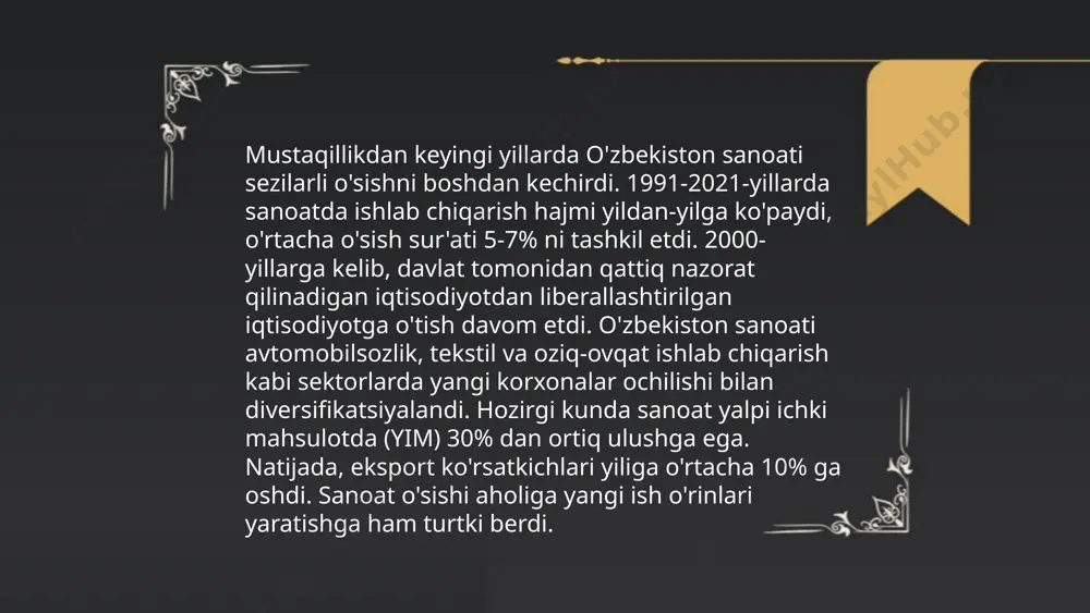 hilaydi, oziqlanish va sog‘liqni nazorat qilish orqali 15-20% samaradorlikka erishiladi. avtomatlashtirilgan oziqlantirish tizimlari ozuqa isrofini 10% gacha kamaytiradi. dasturiy ta'minot va ma'lumotlar tahlili orqali fermalar operatsion xarajatlarini 20% gacha qisqartirishi mumkin. ushbu texnologiyalar energiya va suv sarfini pasaytirib, ekologik izni ham kamaytiradi, bu esa uzoq muddatda barqaror rivojlanishga xizmat qiladi. ... t.me/slaydai_bot 12. mahalliy va xorijiy investitsiyalarni jalb qilish mavzusida o'zbekistonda 2022-yilda 9 milliard aqsh dollari miqdorida to'g'ridan-to'g'ri xorijiy investitsiyalar jalb qilindi. mahalliy investitsiyalar esa 3 trillion so'mga o'sishni qayd etdi. 2023-yilda davlat tomonidan 200 ta investitsiya loyihasi amalga oshirilishi reja qilingan, ularning umumiy qiymati 5 milliard aqsh dollariga teng. xorijiy investorlar uchun soliq imtiyozlari va iqtisodiy zonalar soni oshirilmoqda. investitsiya muhitini yaxshilash maqsadida o'zbekiston hukumati 10 ta yangi qonun hujjatini ko'rib chiqmoqda. mahalliy biznes uchun mikrokreditlar hajmi 30% ko'paytirilib, yiliga 1,5 million so'mgacha yetgan. ... t.me/slaydai_bot 13. agrotexnologik startaplar va innovatsiyalar agrotexnologik startaplar va innovatsiyalar qishloq xo‘jaligida samaradorlik va …