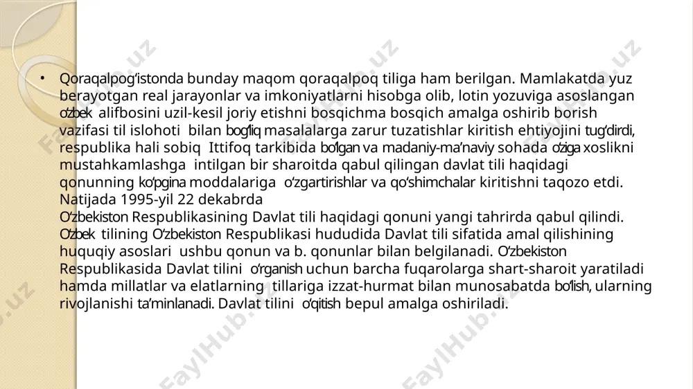 ish va til siyosatini takomillashtirish chora-tadbirlari to‘g‘risida”gi farmonni imzoladi. farmonga muvofiq, 2020—2030-yillarda o‘zbek tilini rivojlantirish va til siyosatini takomillashtirish konsepsiyasi hamda asosiy yo‘nalishlari tasdiqlandi. unga ko‘ra, 2025-yilga qadar davlat maktabgacha ta’lim tizimida o‘zbek tilli guruhlar qamrovini 72 foizga, 2030- yilgacha esa 80 foizga yetkazish rejalashtirilmoqda. 2030- yilga qadar umumta’lim maktablarida o‘quv yillari uchun tayanch o‘quv rejalarida ona tili fanini o‘qitish ko‘lamini amaldagi haftada 84 soatdan 110 soatgacha oshirish ko‘zda tutilgan. adabiy me’yor. ma’lum bir hududda tarqalgan uzus imkoniyatlari o‘sha hududda yashovchi aholi uchun istisnosiz tushunarli bo‘ladi, ya’ni aloqani yengil amalga oshirishga imkon beradi. bu - tilning o‘zi me’yordan iboratligini ko‘rsatadi. me’yor - tilning yashash shaklidir. adabiy me’yor uzusga asoslanadi, undan olinadi. adabiy me’yor adabiy til bilan birga tug‘iladi, badiiy adabiyotning, xalq madaniyatining taraqqiyoti bilan rivojlanib, o‘z qonun -qoidalarini mustahkamlab boradi. adabiy me’yor uzusdan olinganligi sababli hamma uchun tushunarli bo‘ladi. shuning uchun jamiyat taraqqiyotida muhim ahamiyat kasb etadi. jamiyat a’zolarini uyushtirishda, …