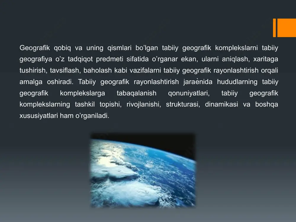 a bag’ishlangan adabiѐtda bunday taksonomik birliklar tizimini turli hili va turli mazmundagisini uchratish mumkin (masalan, bir qatorlik, ikki ѐki uch qatorlik ko’p pog’onali, kam pog’onali kabi). tabiiy geografik rayonlashtirishning taksonomik birliklari tizimi masalasi katta va munozarali mavzu bo’lib, ushbu bobning mazmunidan tashqari, alohida tahlilga loyiqdir. tabiiy geografik komplekslar odatda, yuqorida aks ettirganimizdek, birin-ketin bo’lib joylashmagan, balki kichik tabiiy geografik komplekslar birgalikda kattalarini, ular esa o’z navbatida undan kattaroqlarini xosil qilib joylashgandir. tabiiy geografik komplekslarning katta-kichikligi ularning uzunligi, kengligi, qalinligi, maydoni, hajmi kabi maxsus o’lchamlari bilan ta’riflanishi lozim edi. bunday o’lcham ko’rsatgichlari tabiiy geografik komplekslarning ilmiy taxlilida relьef, iqlim, tuproq, o’simlik va boshqalarning son ko’rsatgichlari bilan bir qatorda ishlatilib, ma’lum bir xulosaga kelishga ѐrdam bergan bo’lardi. bundan tashqari, bunday o’lchamlar tabiiy geografik komplekslarning bir qator xususiyatlarini aniqlash, ular orasidagi farqlarning mohiyatini tushunib yetishda ma’lum ahamiyatga ega bo’lishi mumkin edi. ammo, hozirgi vaqtda ularning ilmiy asoslangan, ma’lum bir muayyan mezonlarga tayangan o’lchamlari …
