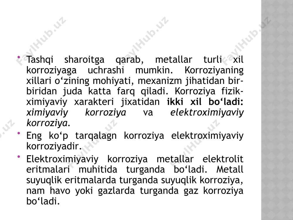 ko‘lamda ishlatila boshladi. biz kislotali muhitda boradigan korroziya hodisasiga qisqacha to‘xtalib o‘tamiz. metallarning kislotada erishiga ba’zi moddalar yoki ularning aralashmasi katta ta’sir etadi. bu moddalar qo‘shimchalar deyiladi. qo‘shimchalar ikki xil bo‘ladi. ularning bir xili erishni sekinlatadi, ikkinchi xili esa erishni tezlatadi. birinchi xili moddalar sekinlatuvchilar (yoki ingibitorlar), ikkinchi xil moddalar esa tezlatuvchilar (yoki stimulyatorlar) deyiladi. bu moddalarning ta’siri elenktrod sig‘imini kattalashtirish yoki kichiklashtirishdan iboratdir. image1.jpeg /docprops/thumbnail.jpeg
