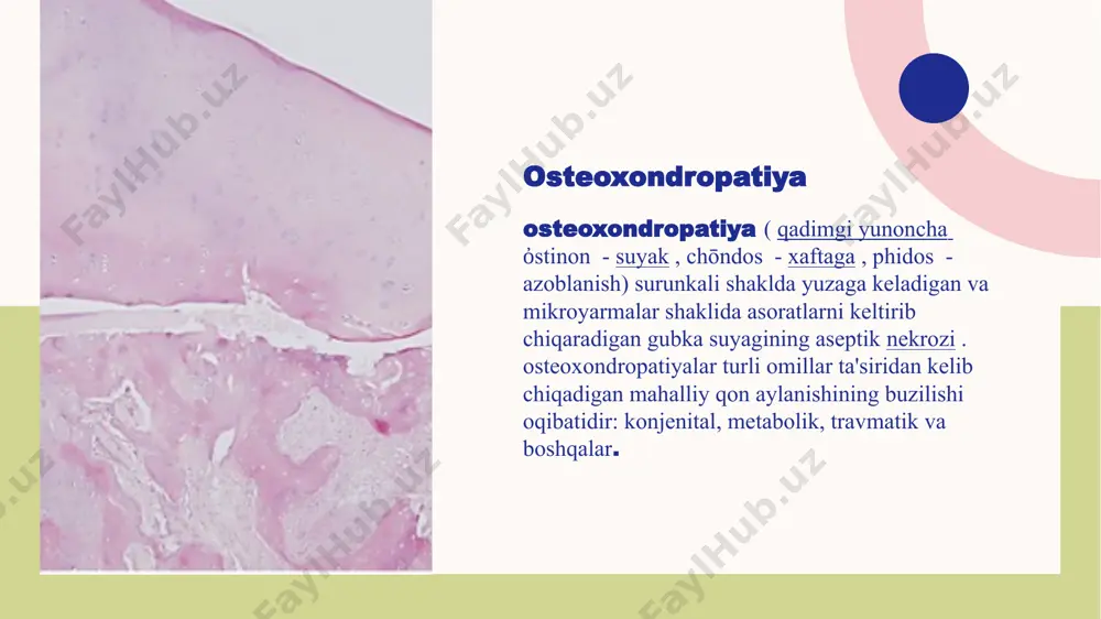 v jarayonlar rivojlanadi, masalan, osteoxondroz , artroz deformansi va boshqalar [ 1 ] . hatto eng ideal natijalar bilan tiklanish 85% dan ko'p bo'lmagan [ 1 ] sodir bo'ladi . sabablari va simptomlari osteoxondropatiyaning asosiy sababi suyak o'sishi zonasiga qon ta'minoti etishmasligidir. bunga quyidagilar sabab bo'lishi mumkin: genetik moyillik. jarohatlar yoki takroriy mikrotraumlar. o'sish davrida gormonal o'zgarishlar. metabolik kasalliklar, shu jumladan d vitamini yoki kaltsiy etishmasligi. qon tomirlarining shikastlanishiga olib keladigan infektsiyalar. klinik ko'rinishlar lezyonning joylashgan joyiga bog'liq, ammo umumiy belgilar: ta'sirlangan suyak yoki bo'g'im hududida og'riq. harakatlanishning cheklanishi. kechki bosqichlarda deformatsiyalar. oqsoqlik (agar son yoki tizza bo'g'imi zararlangan bo'lsa). shishish va mahalliy og'riq. 9 diagnostika osteoxondropatiyaning zamonaviy diagnostikasi quyidagilarni o'z ichiga oladi: rentgen - suyak to'qimalarining shikastlanish darajasini aniqlashning asosiy usuli. kompyuter tomografiyasi - suyaklarning tuzilishini va nekroz joylarini batafsil aniqlash imkonini beradi. magnit-rezonans tomografiya yumshoq to'qimalarning holatini, artikulyar xaftaga va kasallikning dastlabki bosqichlarini baholashning eng aniq usuli hisoblanadi. …