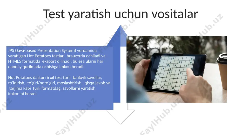 formatlarda saqlash mumkin. test va crosswordsni eksport qilish hot potatoes dasturi yordamida yaratilgan testlarni va krossvordlarni html, pdf, word kabi 3 xil formatda eksport qilish mumkin. bu sizga turli platformalarda ulardan foydalanish imkoniyatini beradi. hot potatoes eksport qilingan testlar va krossvordlarning natijalarini avtomatik ravishda 100% gacha aniqlikda hisoblab, tahlil qilish imkonini beradi. bu esa o'quv jarayonini kuzatishda samaradorlikni oshiradi. javoblarni kiritish va tekshirish hot potatoes dasturiy ta'minotida javoblarni avtomatik tekshirish uchun 4 ta turli xil usul mavjud: to'g'ri/noto'g'ri, ko'p tanlovli, qisqa javob va moslashtirish. har bir usul turli xil baholash algoritmlarini qo'llaydi. jamoa ishi uchun, bir nechta foydalanuvchilarning javoblarini bir vaqtning o'zida tekshirish uchun hot potatoes'ning server tomonlama imkoniyatlaridan foydalanish mumkin. bu 1000 tagacha javobni bir zumda qayta ishlash imkonini beradi. so'zlarni joylashtirish strategiyalari qo'shni kataklardagi so'zlarning birinchi harflarining mos kelishiga e'tibor berish, ya'ni 2-3 ta so'zning ketma-ket ulanishini ta'minlash, jumboqni yanada qiyinlashtiradi. so'zlarni ma'lum uzunlikdagi satrlarga (masalan, 7-10 ta …