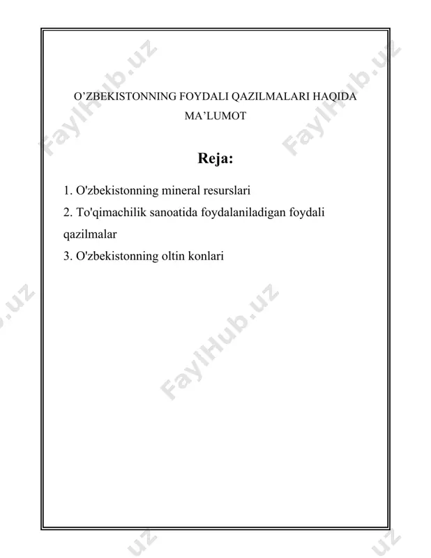 umush qazib olish ham muhim sohalardan biri. zarafshon vodiysi va boshqa konlarda kumush zaxiralari ishlab chiqariladi. 6. **neft va gaz**: o'zbekiston neft va gaz manbalari bilan ham boy. orolbo`yi neft-gaz mintaqasi va buxoro-xiva neft-gaz hududlari asosiy qazib olish mintaqalari hisoblanadi. bu resurslar mamlakat ichki energiya ehtiyojlarini qondirishda va eksport qilishda muhim rol o'ynaydi. 7. **ko'mir**: o'zbekiston ko'mir konlari ham mavjud bo'lib, angren ko'mir koni mamlakatda eng yirik hisoblanadi. ko'mir asosan energetika sohasida qo'llaniladi. 8. **fosforitlar**: fosforitlar mamlakatning surxondaryo viloyati va boshqa hududlaridayam uchraydi. fosforitlar o'g'itlar ishlab chiqarishda qo'llaniladi. 9. **volfram va molibden**: bu qimmatbaho metallarni qazib olish ekonomika uchun muhim hisoblanadi. bundan tashqari, ular yuqori texnologiyali mahsulotlar ishlab chiqarishda qo'llaniladi. 10. **litiyning zaxiralari**: o'zbekiston litiyning kashf qilinishi bilan dunyo miqyosida e'tiborga tushdi, chunki litiyning muhimligi elektr transport vositalari va energiya saqlash tizimlari sohasida oshmoqda. o'zbekistonning mineral resurslari mamlakat iqtisodiyotida katta ulushga ega bo'lib, resurslar eksporti davlat budjetining sezilarli qismini tashkil …