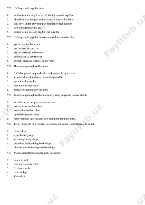 u: #1. go’sht, tuxum, baliq, sut 2. go’sht, non, tuxum, sut 3. go’sht, sariyog’, sabzavotlar 4. dukkaklilar va sabzavotlar 5. guruch, grechixa yormasi va mevalar *27 himoyalangan uglevodlar nima: #1. 0.4%dan yuqori miqdorda kletchatka tutuvchi uglevodlar 2. kam miqdorda kletchatka tutuvchi uglevodlar 3. guruch va kartoshka 4. mevalar va sabzavotlar 5. bunday tushuncha mavjud emas *28 ximoyalangan uglevodlarni kimlarga keng miqyosda tavsiya etiladi. #1. vazni ortiqcha bo’lgan odamlar uchun 2. bolalar va o’smirlar uchun. 3. homilador ayollar uchun 4. emiziklik ayollar uchun 5. himoyalangan uglevodlarni iste’mol qilish mumkin emas. *29 ko’p miqdorda uglevodlarni iste’mol qilish qanday oqibatlarga olib keladi: #1. semizlikka 2. jigar distrofiyasiga 3. vaznning kamayishiga 4. buyraklar faoliyatining buzilishiga 5. allergik kasalliklarning shakllanishiga *30 monosaxaridlarning manbalarini ko’rsating: #1. uzum va asal 2. mevalar va sabzavotlar 3. shakarqamish 4. qand lavlagi 5. kartoshka *31 polisaxaridlar manbalarini ko’rsating: #1. non, kartoshka, yormalar 2. guruch, non, go’sht 3. kartoshka, non, baliq …
