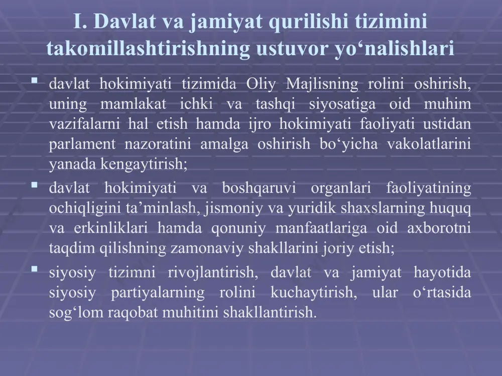 barqarorligi va ishonchliligini mustahkamlash, istiqbolli investitsiya loyihalari hamda kichik biznes va xususiy tadbirkorlik subyektlarini kreditlashni yanada kengaytirish; xalqaro iqtisodiy hamkorlikni yanada rivojlantirish, jumladan, yetakchi xalqaro va xorijiy moliyaviy institutlar bilan aloqalarni kengaytirish, puxta o‘ylangan tashqi qarzlar siyosatini amalga oshirishni davom ettirish, jalb qilingan xorijiy investitsiya va kreditlardan samarali foydalanish. iqtisodiyotda energiya va resurslar sarfini kamaytirish, ishlab chiqarishga energiya tejaydigan texnologiyalarni keng joriy etish, qayta tiklanadigan energiya manbalaridan foydalanishni kengaytirish, iqtisodiyot tarmoqlarida mehnat unumdorligini oshirish; faoliyat ko‘rsatayotgan erkin iqtisodiy zonalar, texnoparklar va kichik sanoat zonalari samaradorligini oshirish, yangilarini tashkil etish; xizmat ko‘rsatish sohasini jadal rivojlantirish, turizm industriyasini jadal rivojlantirish, turistik xizmatlarni diversifikatsiya qilish va sifatini yaxshilash, turizm infratuzilmasini kengaytirish; eksport faoliyatini liberallashtirish va soddalashtirish, iqtisodiyot tarmoqlari va hududlarning eksport salohiyatini kengaytirish va safarbar etish; yo‘l-transport infratuzilmasini yanada rivojlantirish, iqtisodiyot, ijtimoiy soha, boshqaruv tizimiga axborot-kommunikatsiya texnologiyalarini joriy etish. agrar sektorning eksport salohiyatini sezilarli darajada oshirish; paxta va boshoqli don ekiladigan maydonlarni qisqartirish, …