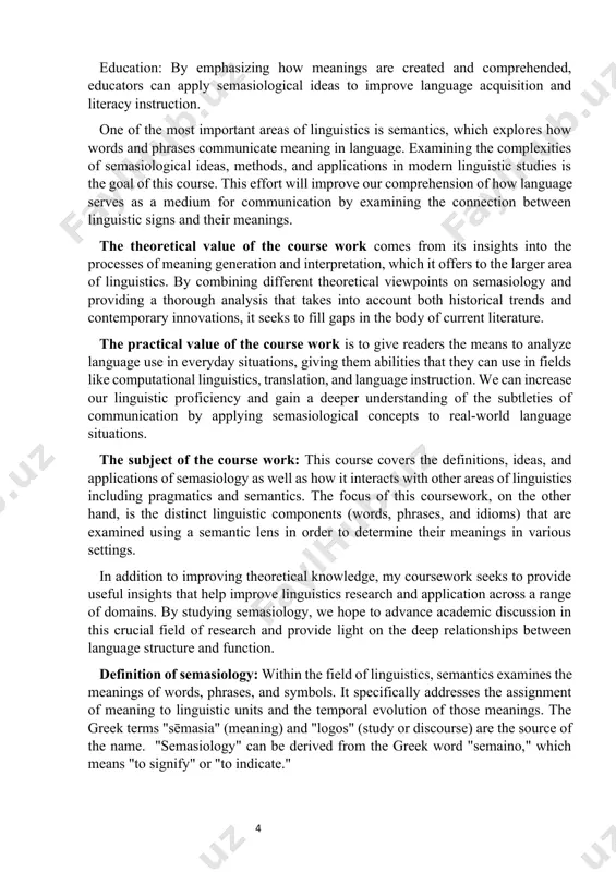 ngs, synonyms, antonyms, homonyms etc. there is no generally accepted definition of the term «meaning of the word» f. de saussure, a well-known swiss linguist, says that the meaning is the relation between the object or nation named and the name itself.[footnoteref:1] [1: amanov a.t., suleymanova n.m., shodiyev s.e. manual on lexicology of the english language. - samarkand, 2022. - 47p.] semasiology is a branch of linguistics concerned with the meaning of words and word equivalents. the main objects of semasiological study are as follows: types of lexical meaning, polysemy and semantic structure of words, semantic development of words, the main tendencies of the change of word-meanings, semantic grouping in the vocabulary system, i.e. synonyms, antonyms, semantic fields, thematic groups, etc.[footnoteref:2] [2: давлетбаева д.н. lectures on english lexicology. - казань, тггпу, 2010. - 18с. ] historical background of semasiology: origins of semasiology: - the field's roots are found in ancient …