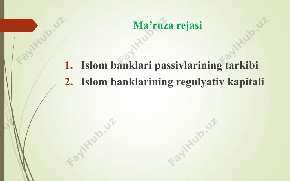 ari passivlarining tarkibi bank tomonidan zakotlarni jamlash uchun zakot uyi tashkil etiladi. zakot uylari zakot to‘lovchilardan tashqari barcha turdagi xayriya va ehsonlarni qabul qilib, ularni aholining muhtoj qatlamlariga yetkazish uchun xizmat qiladi. 1.islom banklari passivlarining tarkibi sukuk arabcha «sakk» degan so‘zdan olingan bo‘lib, yuridik hujjat, dalolatnoma degan ma’noni anglatadi. dubai islamic bank majburiyatlarining tarkibi, foizda majburiyatlar 2017y. 2018y. mijozlarning depozitlari 82,5 82,1 boshqa banklar va moliya institutlarining pul mablag’lari 8,3 6,9 sukukni sotishdan olingan pullar 4,8 6,5 zakot pullari 0,2 0,2 boshqa kreditor qarzlar 4,2 4,3 majburiyatlar - jami 100,0 100,0 2.islom banklarining regulyativ kapitali islom banklarining regulyativ kapitali quyidagi elementlardan tashkil topadi: ustav kapitalining to‘langan qismi sukukni sotishdan olingan pul mablag‘lari zaxira kapitali valyuta kurslarini tebranishi natijasida ko‘riladigan zararlarni qoplashga mo‘ljallangan zaxiralar investitsiyalar va kreditlardan ko‘riladigan zararlarni qoplashga mo‘ljallangan zaxiralar. taqsimlanmagan foyda aksiyalarning nazorat qilinmaydigan qismi dubai islamic bank kapitalining tarkibi, foizda (2018 yil yakuni bo‘yicha) salmog’i ustav kapitali …