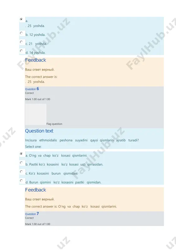 irrali prizma. feedback ваш ответ верный. the correct answer is: uch qirrali piramida shaklida. question 15 correct mark 1.00 out of 1.00 flag question question text chakka suyagining qanday qirralari bor? select one: a. margo parietalis, margo occipitalis va sphenoidalis. b. margo parietalis va margo occipitalis. c. margo temporalis margo occipitalis va margo parietalis. d. margo occipitalis, parietalis va sphenoidalis. feedback ваш ответ верный. the correct answer is: margo occipitalis, parietalis va sphenoidalis. 1. yuqorgi jag’ suyagi qanday qisimlardan iborat? select one: a. tortta o’simtasidan va qirrasidan iborat. b. uft suyak bo’lib tanasi va to’rtta o’simtasidan iborat. c. juft suyak bo’lib tanasi va to’rtta o’simtasidan iborat. d. juft suyak bo’lib corpus maxillae, da facies anterior,facies orbitalis, facies infratemporalis, facies nasalis va processus frontalis, processus zygomaticus. processus palatines, processus alveolaris bor. feedback ваш ответ верный. the correct answer is: juft suyak bo’lib corpus maxillae, da facies anterior,facies orbitalis, facies infratemporalis, facies …