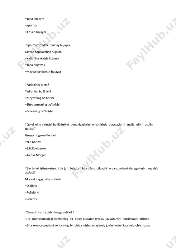 il –retsessiv, dominant, spontan, induksion, monogen ?bu usul yordamida irsiyatning moddiy asosi bo’lgan dnk va rnk strukturasi va vazifasi o’rganiladi? molukular genetik =duragaylash =ontogenetik =sitogenetik ?polimer irsiylanishini dast avval kim o’rgangan? nilson ele =e. chermah =gregor mendel =pavlov ?organizimning individual rivojlanishi jaroyoni bilan bog’liqbo’lgan barcha belgi xususiyatlarning yig’indisi qanday ataladi? fenotip =genotip =allelgen =noallelgen ?drozofilada xromosoma to’plami diploid holda nechta bo’ladi 8 ta =28 ta =46 ta =12 ta ?odam xromasomalarinig gaploid soni nechta? 23 ta =24 ta =46 ta =48 ta ?qaysi o’zgaruvchanlikda genlar va xromasomalarning o’zgarishi orqali amalga oshadi? mutatsion o’zgaruvchanlik =ontogenetik o’zgaruvchanlik =spontan =modifikatsion ?genetika bu ? yunoncha-genezis “tug’ilishga oid”, irsiyat va o’zgaruvchanlik qonuniyatlarini o’rganuvchi fan =yunoncha – genios yadroni o’rganuvchi fan =arabchadan –genoil o’simlik xujayralarini o’rganuvchi fan =fransuzcha- genius hayvon xujayralarini o’rganuvchi fan ?teri chiziqlari kimlarda o’xshash bo’ladi. erkaklarda =ayollarda =chaqaloqlarda =sakkiz oylik chaqaloqlarda ?mutatsion o’zgaruvchanlik? irsiy axborotning tuzilishi va miqdori o’zgarishi natijasida kelib chiqadigan o’zgaruvchanlik. …