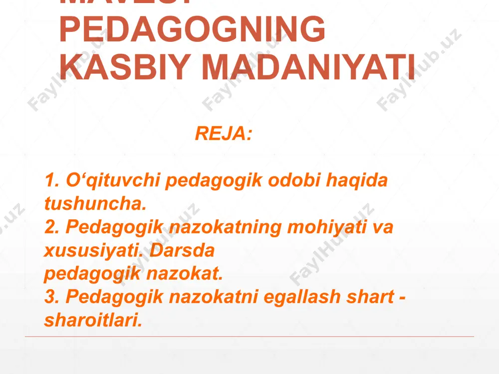chining mustaqil ravishda qaror qabo‘l qilish uchun tarbiyachining tavsiyasini o‘z ichiga oladi pedagogik madaniyat imkoniyat yaratgan pedagogik tajribalarni egallab olish orqali ko‘p qirrali munosabatlar va muammolarni vujudga keltirishga yordam beradi, o‘zini anglashni, o‘zini takomillashtirishni ta’minlaydi. pedagogik madaniyat muammolari buyicha f.n.gonobolin, n.v.ko‘zmin, a.i.sherbakov, a.a.slastenin va boshqalar tomonidan tadqiqot ishlari olib borilgan. bu tadqiqotlarda pedagogik faoliyatning turli xil sifatlari va ko‘rsatkichlari o‘rganilgan va pedagogik faoliyat orqali o‘qituvchining pedagogik madaniyati darajasini, uning mazmuni va mohiyatini anglaydilar. e.a.grishin pedagogik madaniyatni ifoda etib, o‘qituvchining quyidagi kasbiy ahamiyatga molik sifatlarini ko‘rsatadi: - umumiy bilimdonlik - o‘z fanini bilish - pedagogik bilim va mahoratlarini doimiy rivojlantirib borish - pedagogik kasbini sevish - odamiylik, haqiqatgo‘ylik va talabchanlik - ko‘zatuvchanlik, e’tiborlilik va odoblilik. . o‘qituvchining shaxsiy kasbiy pedagogik yo‘nalganligi. bu komponent tizimini tashkil etuvchi element hisoblanadi. u pedagogik jarayonning uning qiziqishlari, layoqati, ishonchi, g‘oyalari orqali pedagog faoliyatni insonparvarlashtirishga qaratilgan mustahkam sabablar to‘plamidan iborat bo‘ladi. pedagogik jarayoni tashkil etishda o‘qituvchining …