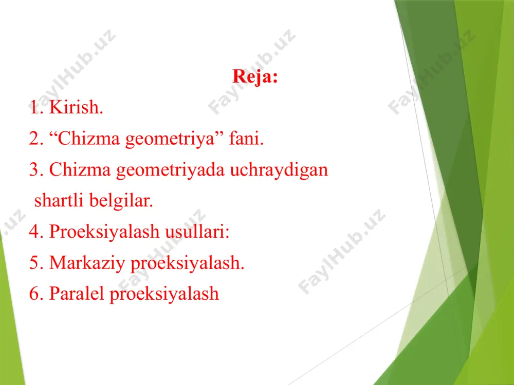 natija, teng ׀׀ – parallel ┴ – perpendikulyarlik ! – qurilsin, bajarilsin ^ – va – agar, unda – agar, u holda δ – uchburchak · – nuqta shartli belgilanishlarni o`qish ab||cd ав va сd to`g`ri chiziqlar o`zaro parallel k=m∩n м va n to`g`ri chiziqlarni kesishishi natijasida hosil bo`lgan k nuqta r⊥abc r to`gri chiziq abc tekisligiga perpendikulyar a≡b a va b nuqtalar o`zaro ustma-ust tushishadi a⋃b а nuqta в nuqta bilan tutashtirilsin m ⋅∕ n м va n chiziqlar - ayqash chiziqlardir l ∣⊂ abc l to`gri chiziq abc tekisligiga tegishli a∊mn а nuqta mn to`gri chizigiga tegishli l ∣⊂  l to`g`ri chiziq  sirtga urinma proektsiyalash usullari proektsiyalar usulida tasvirlar yasash, chizma geometriyaning asosiy metodidir. fazodagi narsalarning ayrim nuqtalaridan o`tkazilgan proektsiyalovchi to`g`ri chiziqlar (nurlar) yordamida tekislikka tushirilgan tasviri fazodagi narsaning proektsiyasi deyiladi. chizma geometriyada ikki хil proektsiyalar metodi mavjud: а) markaziy proektsiyalar metodi; b) parallel proektsiyalar metodi …
