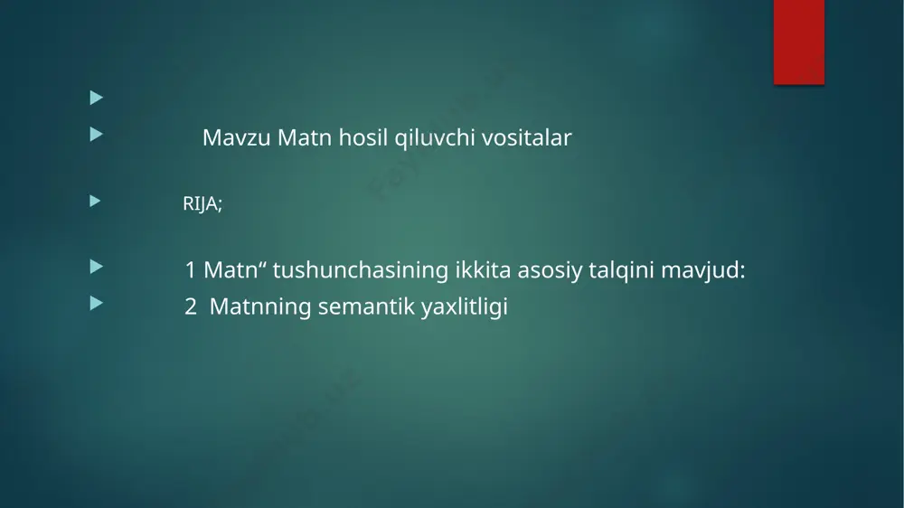 fning individual munosabati orqali xabardor qiladi, unga semantik yaxlitlik beradi.katta matnda yetakchi mavzu bir qator kichik tarkibiy mavzularga, kichik mavzular esa o‘z navbatida paragraflar (mikro-mavzular)ga bo‘linadi. matnda bayon qilinayotgan fikrning to‘liqligi matnning semantik yaxlitligi bilan bog‘liq bo‘lib, to‘liq tugallangan, yaxlit tugal mazmunga ega matn mazmunni to‘liq aks ettiruvchi tanlash orqali amalga oshiriladi.shu tariqa matnning semantik yaxlitligidan uning quyidagi xususiyatlari kelib chiqadi: image2.png image3.png image4.png image5.png /docprops/thumbnail.jpeg
