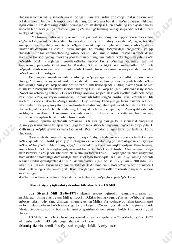 igini qayd qilib o‘tadi. demak, j.b.sey nazariyasida tadbirkorlarning cheklanmagan erkin raqobati sharoitida ishlab chiqarish omillarini va jamiyatdagi sinflarni ekspluatatsiya qilish inkor etiladi. uningcha, ishlab chiqarishda tadbirkorlar (ular ishlab chiqarishni tashkil etadilar va boshqaradilar), yer egalari (tovar ishlab chiqarish uchun tabiiy materiallarni beradilar) va ishchilar (tayyor mahsulot yaratadilar) o‘zaro ta’sirda bo‘ladilar va bir- birlarini to‘ldirib boradilar. ishlab chiqarish jarayoni qatnashchilari bir birlariga qarshi turmaydilar, aksincha, bir-birlarini to‘ldirib turadilar. ishlab chiqarish omillari tomonidan yaratilgan ijtimoiy mahsulot qiymati ushbu omil egalariga daromad sifatida taqsimlanadi, xususan, tadbirkor daromadi, j.b.seyning aniqlab berishicha, bu uning qobiliyati, iste’dodi, faoliyati va boshqaruvi uchun to‘lanadigan haq. uning fikricha, kapitalning oshib borishi bilan «quyi sinflarning» ahvoli yaxshilanib boradi va ularning ko‘pchiligi «yuqori sinf» safini to‘ldirib boradi. j.b.sey kompensatsiya nazariyasiga asos soldi. mashinalar dastlab ishchilarni ishlab chiqarishdan siqib chiqaradi, keyinchalik pirovard natijada esa ish bilan bandlikni oshiradi va mahsulot ishlab chiqarishni arzonlashtirish hisobiga ularga katta foyda keltiradi. uning ifoda etishicha, «ishlab …