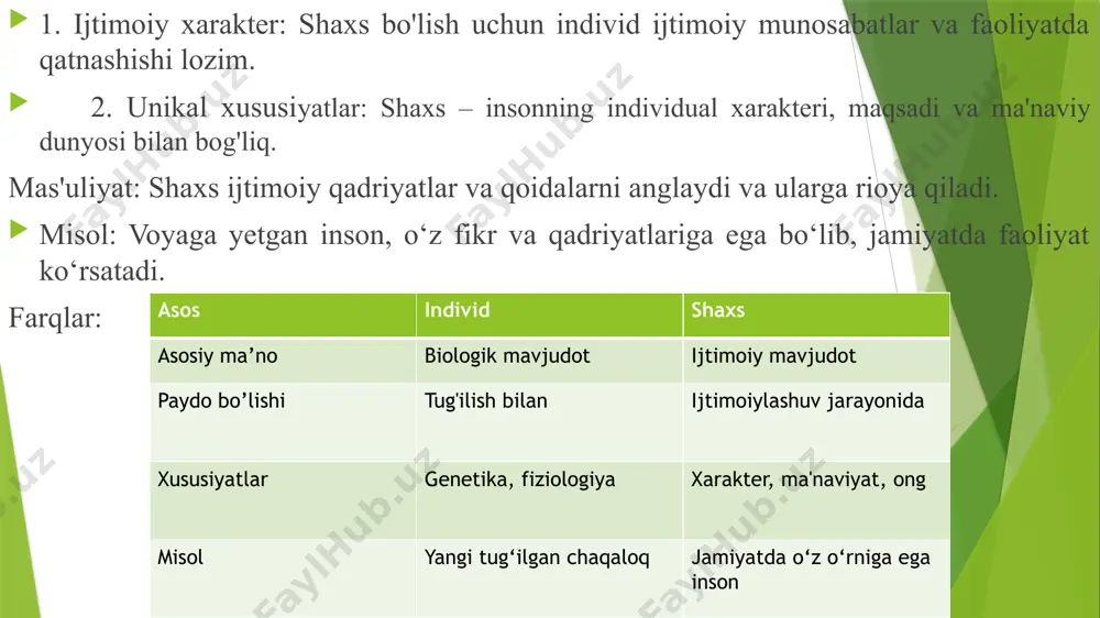 t va tarbiyaning ta’siriga bog‘liq. shaxs rivojlanishida irsiyat, muhit va tarbiyaning tutgan o'rni. 2. muhitning o‘rni muhit – bu insonni o‘rab turgan ijtimoiy, madaniy va tabiiy sharoitlarning yig‘indisi bo‘lib, shaxsning ijtimoiylashuvi va rivojlanishida muhim rol o‘ynaydi. muhitning turlari va ta’siri: 1. ijtimoiy muhit: oila, maktab, do‘stlar va jamiyatning boshqa institutlari orqali shaxs ijtimoiy rollarni o‘zlashtiradi. ijtimoiy muhit shaxsning qadriyatlari va xulq-atvorini shakllantiradi. 2. madaniy muhit: milliy qadriyatlar, urf-odatlar va an’analar shaxs rivojlanishida muhim rol o‘ynaydi. madaniy muhit shaxsning dunyoqarashi va intellektual rivojlanishiga ta’sir qiladi. 3. tabiiy muhit: geografik joylashuv, iqlim va ekologik sharoitlar ham shaxsning jismoniy va ruhiy rivojlanishiga ta’sir ko‘rsatadi. muhitning roliga misol: qobiliyatli bola ijobiy muhitda yuksak yutuqlarga erishishi mumkin. aksincha, salbiy muhit shaxs rivojlanishini cheklab qo‘yishi mumkin. 3. tarbiya va ta’limning o‘rni tarbiya – bu shaxsni ijtimoiy, ma’naviy va axloqiy jihatdan shakllantirishga yo‘naltirilgan jarayon. tarbiya shaxsning qobiliyatlarini rivojlantirish va uni jamiyat talablariga moslashishga tayyorlashda hal qiluvchi ahamiyatga …