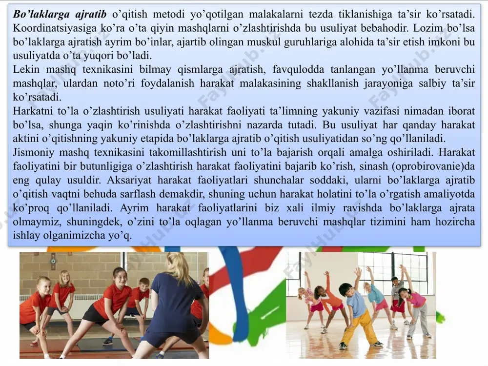 yotiy situatsiya o’z ifodasini topishi mumkin (masalan, o’yinlarda taqlid qilish), inson harakat faolitining ayrimlari turmush, mehnat, mudofaa faoliyati harakteridagi harakatlar bo’lib, ularda asosan odamlar orasidagi o’zaro munosabat modelining mavjudliligi yotadi. o’yin tarixan vujudga kelgan jamiyat hodisasi bo’lib, odamlarning harbiy va mehnat faoliyati asosida paydo bo’lgan va u inson hayotining moddiy va ijtimoiy sharoitlari bilan belgilanadi. o’yin hayotiy reallikni aks ettiradi va bir vaqtning o’zida o’zining sof shartli qonunlariga bo’ysunadi. u bizni o’rab olgan borliqni o’zgartirishni nazarda tutmaydi, lekin insonni ijodiy mehnatga tayyorlovchi shart sifatida inson madaniyatining muhim manbai rolini o’ynaydi. shunga boliq holda o’yin quyidagi xizmatlarni bajaradi: tayyorlov (insonni jismoniy va ruhiy kuchlarini takomillashtirish, sotsial faollik va ijodkorliki tarbiyalaydi) va ko’ngil ochish, munosabatlarini, shuningdek, ularni o’rab olgan muhit orasidagi munosabatlarni shakllantiradi. bu kabi asosiy xizmatlar o’yinlarning yo’nalishi va mazmunini belgilaydi. jismoniy tarbiyadagi barcha o’yinlarning asosiy mazmunini insonni jismoniy kamolotga erishtirishga imkoniyat yaratuvchi harakat faoliyatlari tashkil etadi. o’yinlar hamda gimnastika, sport, …