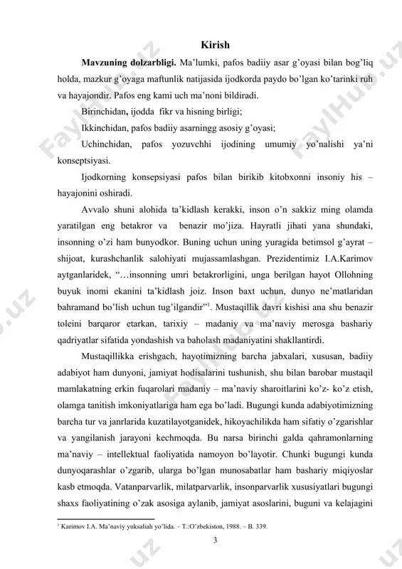bligini belgilaydi. muammoning o’rganilish darajasi. pafos asarning boshidan oxirigacha g’oya va ijodkor konseptsiyasi bilan birga harakat qiladi hamda ijodkorlarning estetik idealiga aylanadi. shu bois badiiy asarda pafos va ijodkor konseptsiyasimasalalari murakkab jarayon. bu muammo o’zbek adabiyotshunosligida yetarlicha o’rganilmagan bo’lsada, hikoya janri va undagi milliylik masalalari bir qator tadqiqotlarga o’z aksini topgan. bunga m.qo’shjonov, o.sharafiddinov, n.vladimirova, u.normatov, n.xudoyberganov, b.nazarov, i.g’afurov, s.sodiq, q.yo’ldoshev, a.otoboyev, u.sodiq, r.quchqor, sh.xolmirzayev, x.do’stmuhammadov, n.dovurboyeva, sh.normatov, u.uljaboyeva, sh.doniyorova, g.sattorovalarning tadqiqot va malakalari misol bo’la oladi. tadqiqor maqsadi. ishda ko’zda tutilgan asosiy maqsad hozirgi davr o’zbek hikoyachiligida (n.eshonqul va x.do’stmuhammad hikoyalari misolida) pafos va ijodkor konseptsiyasining o’ziga xos xususiyatlarini tahlil va tadqiq etishdan iborat. tadqiqotning vazifasi. yuqoridagi maqsadbi yuzaga chiqarish uchun quyidagi vazifalarni amalgam oshiriladi. - pafos va uning o’zia xos xususiyatlarini o’rganish va nazariy jihatdan umulashtirish; - xarakter va emotsional ta’sirchanlikning ifoda usularini tahlil etish; - n.eshonqul va x.do’stmuhammad hikoyalaridagi xarakterlar psixologizmi va ta’sirchanligini o’rganib, xulosalar chiqarish; - …