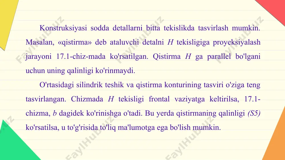 .3-chizma, d). bundan keyin narsalarning chizmasi chizilganda, ularning proyeksiyalarini bog'lovchi chiziqlar tushirib qoldiriladi. proyeksiyalar chizila-yotganda ularni bog'lovchi chiziqlar bor, deb faraz qilinadi. lekin proyeksiyalarni har xil joyda tasvirlashga yo'l qo'yilmaydi (17.3-chizma, e). 17.3-chizmadagi detaining proyeksiyalariga e'tibor berilsa, gorizontal proyeksiyasida detaining o'rtasidagi silindrik teshik aylana, v tekislikda ko'rin mayotganligi uchun u ko'rinmas konturshtrix chiziqda chizilgan. bundan keyin chizmada detaining ko'rinmaydigan elementlari shtrix chiziqda tasvirlanadi. texnikada shunday detallar mavjudki, ularni uchta va undan ortiq proyeksiyalarda tasvirlashga to'g'ri keladi. ba'zida detaining ikkita proyeksiyasi orqali uni to'liq tasavvur qilish qiyin. masalan, 17.4-chizma, a da yaqqol tasvirda berilgan detal olinsa, uning tuzilishi ancha murakkab, ikki yonidagi devorlaridan biri qiya qilib kesilgan. bu devorning shakli faqat profil proyeksiyalar tekisligida aniq ko'rinadi. chunki u o'sha tekislikka parallel bo'lib, unga o'zining haqiqiy kattaligida proyeksiyalanadi. bundan tashqari, detaining shaklini uning yon va ostki asoslarining o'zaro joylashishi to'g'ri burchakli ekanligi w tekisligida aniq ko'rinadi. oldingi h va v tekisliklariga uchinchi …