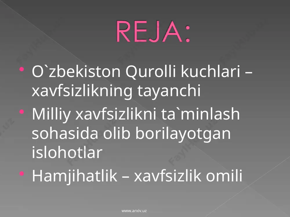 magan har qanday tuzum oxir-oqibatda inqirozga yuz tutgan. sobiq tuzum davrida milliy xavfsizlik haqidagi masala-ni o`rtaga qo`yishning o`zi aqlga sigmasdi. chunki bunday sohani krnun bilan tartibga solishdan davlat manfaatdor emas edi. qonun esa demokratik prinsiplarga to`liq javob beradi hamda maqsadga erishish uchun har qanday vositadan hazar qilmaydi-gan eski totalitar aqidani qat`iyan rad etadi. uning qator moddalarida ta`kidlanganidek, milliy xavfsizlikni ta`min-lashdagi har qanday faoliyat faqat konstitutsiya, qonun va xalqaro huquq normalariga asoslangan bo`lishi kerak. www.arxiv.uz www.arxiv.uz «milliy xavfsizlik to`grisida»gi o`zbekiston respubli-kasi qonuni mamlakatimizda o`ta murakkab va serqirra ijti-moiy munosabatlarni tartibga solish uchun mo`ljallangandir. ma`lumki, xx asrning so`nggi yillari jahon taraqqiyo-tida burilish yasadi. bu mavjud ikki siyosiy tuzum o`rtasidagi raqobatning yo`qolishi, yangicha ijtimoiy-siyosiy jarayonlar-ning vujudga kelishi bilan bevosita bog`liq. jumladan, sobiq ittifoqning tarqalishi jahon siyosatida shaklan va mazmunan yangi bosqichni boshlab berdi. mafkuraviy, iqtisodiy va ma`-naviy jihatdan ikki qarama-qarshi blok ta`sirida shakllan-gan qurollanish poygasi, harbiy zo`ravonlik, milliy xavf-sizlik tushunchalari butunlay o`zgara bordi. …