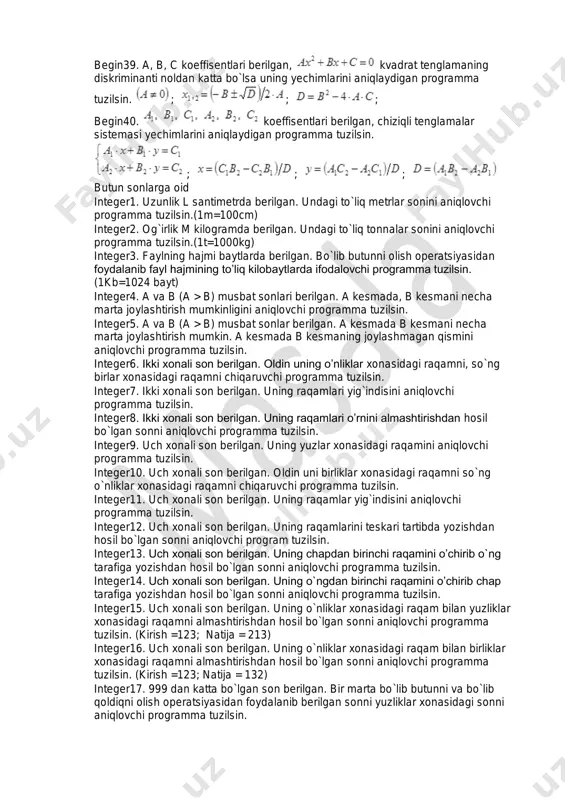 xonasidagi raqamni chiqaruvchi programma tuzilsin. integer11. uch xonali son berilgan. uning raqamlar yig`indisini aniqlovchi programma tuzilsin. integer12. uch xonali son berilgan. uning raqamlarini teskari tartibda yozishdan hosil bo`lgan sonni aniqlovchi program tuzilsin. integer13. uch xonali son berilgan. uning chapdan birinchi raqamini o’chirib o`ng tarafiga yozishdan hosil bo`lgan sonni aniqlovchi programma tuzilsin. integer14. uch xonali son berilgan. uning o`ngdan birinchi raqamini o’chirib chap tarafiga yozishdan hosil bo`lgan sonni aniqlovchi programma tuzilsin. integer15. uch xonali son berilgan. uning o`nliklar xonasidagi raqam bilan yuzliklar xonasidagi raqamni almashtirishdan hosil bo`lgan sonni aniqlovchi programma tuzilsin. (kirish =123; natija = 213) integer16. uch xonali son berilgan. uning o`nliklar xonasidagi raqam bilan birliklar xonasidagi raqamni almashtirishdan hosil bo`lgan sonni aniqlovchi programma tuzilsin. (kirish =123; natija = 132) integer17. 999 dan katta bo`lgan son berilgan. bir marta bo`lib butunni va bo`lib qoldiqni olish operatsiyasidan foydalanib berilgan sonni yuzliklar xonasidagi sonni aniqlovchi programma tuzilsin. integer18. 999 dan katta bo`lgan …