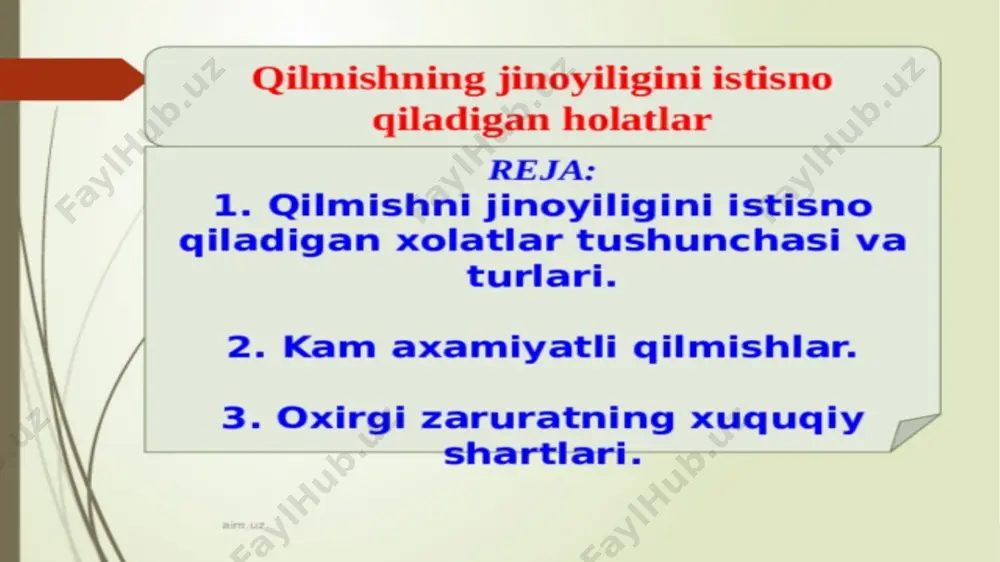 chegaralardan tashqari yotadi, bu esa uning jazolanishini istisno etadi. vatanimizdagi jinoyat to‘g‘risidagi qonun hujjatlari uchun an’anaviy bo‘lgan shaxsning kam ahamiyatli qilmish sodir etgan holda uni jinoiy javobgarlikka tortilishini istisno qiladigan qoidalar jk 36-moddasida aks ettirilgan, uning qoidalariga ko‘ra, «garchi ushbu kodeksda jinoyat sifatida nazarda tutilgan qilmishning alomatlari mavjud bo‘lsa-da, o‘zining kam ahamiyatliligi tufayli ijtimoiy xavfli bo‘lmagan harakat yoki harakatsizlik jinoyat deb topilmaydi». jinoyat tarkibining moddiy belgisi jihatidan kam ahamiyatli qilmish uni jinoyat deb tan olish uchun zarur bo‘lgan ijtimoiy xavf darajasiga yetmaydi (masalan, yozish ruchkasini, daftarni yoki birovning bog‘idan olmani yashirin o‘g‘irlash). bunday qilmish yuzasidan jinoiy ish qo‘zg‘atilmaydi, qo‘zg‘atilgan ish esa jk 36-moddasiga tayangan holda jpk 83-moddasining 2-qismiga muvofiq tugatilishi lozim. zaruriy mudofaa tushunchasi. zaruriy mudofaa – bu ijtimoiy xavfli bo‘lgan tajovuzdan qonuniy himoya qilish bo‘lib, tajovuzchiga noilojlikdan zarar yetkazish orqali amalga oshiriladi hamda tajovuzning xarakteriga va ijtimoiy xavfliligi darajasiga mos keladi. zaruriy mudofaa ijtimoiy xavfli va huquqqa qarshi bo‘lgan …