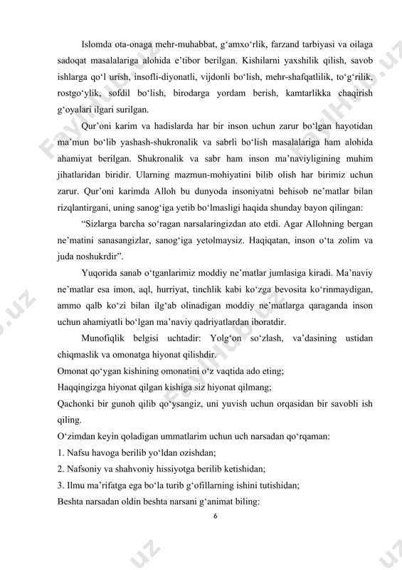 ni, keksalikdan avval yoshlikni, faqirlikdan avval boylikni. avvalo onangga, yana onangga va yana onangga, sо‘ng esa otangga yaxshilik qil.ota-onalarni keksalik vaqtida har ikkisini, yoki biri bо‘lmaganda boshqasini rozi qilib jannatiy bо‘lib olmagan farzand xor bо‘lsin, xor bо‘lsin va yana xor bо‘lsin. pora beruvchi ham, uni oluvchi ham dо‘zaxga mahkumdir. hadisi muborakdan keltirilgan ushbu misralarning ma’naviy jihatlariga izoh berishning hech bir hojati yо‘q. inson tanasi uchun jon qanchalik muhim bо‘lsa, uning ma’naviyati, ruhiyatining teranligi uchun ilm shunchalik ahamiyatli sanaladi.inson ilm egallash yо‘lidan yursa yuksaladi, aks holda tubanlikka, johillikka yuz tutadi.bu foniy dunyoda ilmdan bebahra qalblar jonsiz jasadga о‘xshaydi. alloh bu olamni cheksiz ilmu hikmat bilan yaratgan. inson aql va tafakkur vositasida bu ilmlardan xabardor bо‘ladi, moddiy va ma’naviy hayotda yuksaklikka kо‘tariladi. ilm inson tafakkuriga nur baxsh etadi. u shu nur orqali haqiqatni topadi. ilm insonni doimo yuksak martabaga erishtiradi. mana shuning uchun ham islom manbalari qur’oni karim va hadislarda ilm-fanni egallash, …