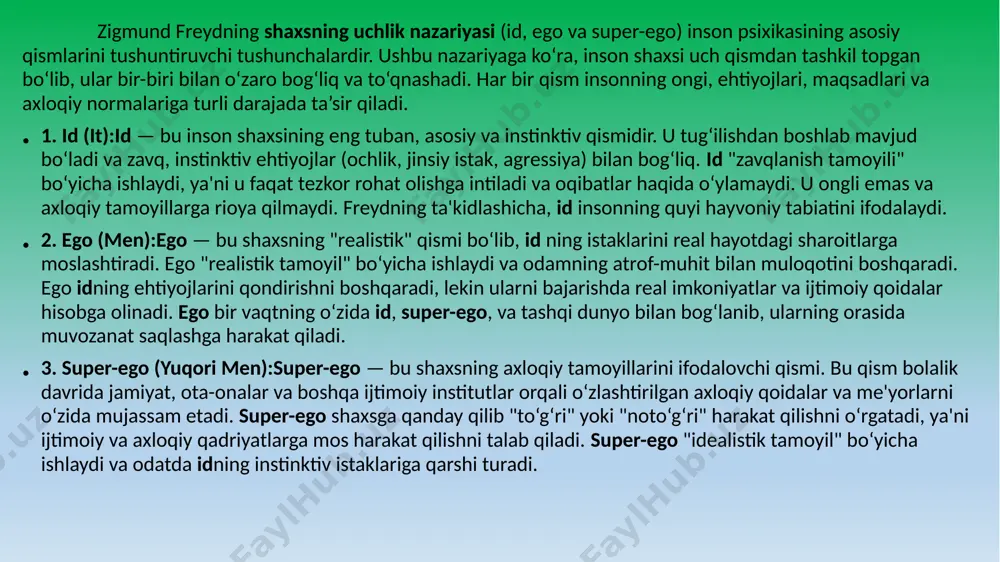 bo‘ladi. u yoki bu xulq-atvorning sababi uning motividir. ijtimoiy psixologiya shaxs xulq-atvorining motivlari sifatida ijtimoiy ustanovkalarni o‘rganadi. rus olimi v.a. yadov o‘zining dispozision konsepsiyasini yaratib, unda ustanovkalarni to‘rt bosqich va to‘rt tizimli sifatida tasavvur qilgan. a) elementar ustanovkalar (set) - oddiy, elementar ehtiyojlar asosida ko‘p incha ongsiz tarzda hosil bo‘ladigan ustanovkalar. ularni o‘zgartirish uchun moddiy shart - sharoitlarni va odamdagi ehtiyojlar tizimini o‘zgartirish kifoya. b) ijtimoiy ustnovkalar (attitud) - ijtimoiy vaziyatlar ta’sirida ijtimoiy ob’ektlarga nisbatan shakllanadigan ustanovkalar. ularni o‘zgartirish uchun ijtimoiy shart - sharoitlar va shaxsning ularga nisbatan baho va munosabatlari tizimini o‘zgartirish kerak. v) bazaviy ijtimoiy ustanovkalar - ular shaxsning umumiy yo‘nalishini belgilaydi va ularni o‘zgartirish e’tiqodlar va dunyoqarashlarni o‘zgartirish demakdir. g) qadriyatlar tizimi - ular avlodlararo muloqot jarayonining mahsuli sifatida jamiyatda qadr - qimmat topgan narsalarga nisbatan ustanovka. masalan, sahih hadislar shunday qadriyatlardir, biz ularni tanqidsiz, muhokamalarsiz qabul qilamiz, chunki ular ham ilohiy, ham eng buyuk insonlar tomondan …