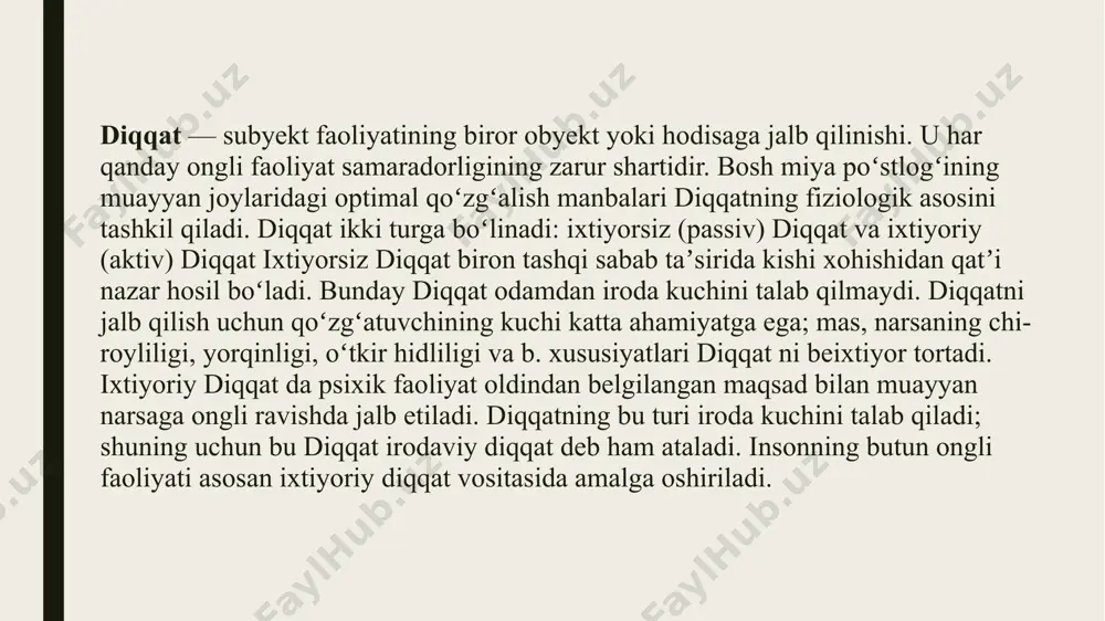 iyatga egadir. o`qituvchi darsda o`quv materialini bayon etar ekan, o`zining fikrini uo`zatib borishi, gapirayotgan gaplarini o`zi eshitishi va shuning bilan birga, o`quvchilar uni qanday eshitayotganlarini uchun sinfni kuzatib borishi kerak. diqqatning muhim tomoni uning bir faoliyat turidan boshqa bir faoliyatga tez o`tish qobiliyatidir. diqqatning ko`chirilishiga ba`zan ayni bir vaqtning o`zida idrok qilinadigan ikkita o`zaro farqlanadigan kuzatuvchini aks ettirishga murojaat qilishga to`g`ri keladi. e`tiboringiz uchun rahmat image16.tmp image17.tmp image18.tmp image3.png image4.png image12.png image13.png image15.jpg /docprops/thumbnail.jpeg