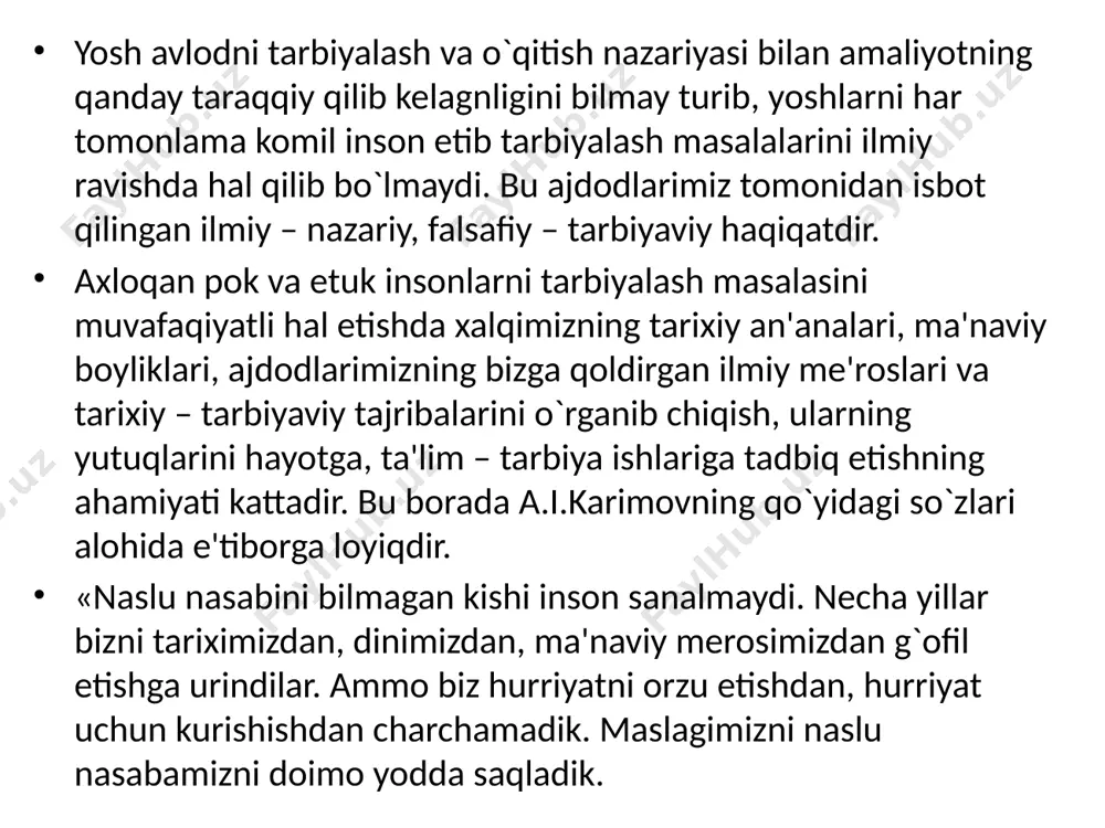 di. sho`ro hokimiyatining dastlabki yillarida turkistonda yangi maktablar ochish va ularni mustahkamlash vazifalari ko`ndalang qilib qo`yildi. unda yoshlar ongiga yangi jamiyat g`oyalarini singdirish, shu ishlarni amalga oshiradigan pedagog xodimlar tayyorlashga e'tibor berildi. shu ishlarni amalga oshirishda russiya xalq ta'limi yo`nalishi va tizimi rahbarlik qilgan. tarixdan ma'lumki, qaysi davlt yoki mamlakat hukumron bo`lsa, u tobemamlakat va xalqga o`z mafkurasini, ma'naviyatini, axloq-odob aqidalarini singdirishga harakat qilgan. 1924 yil oktyabrda turkiston parchalanishi oqibatida milliy madaniyat yo`li asta-sekin to`sila boshlandi. asrlar osha amalda qo`llanib kelingan, qomusiy ilmlar bitilgan yozuv man etildi. avval lotin grafikasi, keyin rus grafikasi asosiga qurilgan yozuvga o`tildi. bu tadbir markaziy osiyo xalqlarini o`z madaniyat tarixini o`rganish imkoniyatidan mahrum etdi. maktablarda dunyo fanini rivojlantirishga munosib hissa qushgan o`zbek fani va madaniyatining asoschilari, musulmon olamining ulug` zotlari emas, balki o`zbek xalqi kamolotiga aloqasi bo`lmagan shaxslar faoliyati o`rgatildi. ahmad yassaviy, bedil singari so`z ustalari va tafakkur gulshani bog`bonlari xalq ta'limi tizimidan chiqarildi. musulmon …