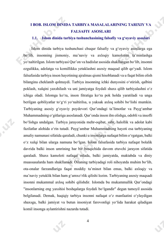 nchasining falsafiy asosi inson fitratining pok ekanligi va unga to‘g‘ri yo‘l ko‘rsatilsa, kamolotga erishishi mumkinligiga asoslanadi. islomga ko‘ra, har bir inson alloh tomonidan berilgan tabiiy qobiliyatlar bilan dunyoga keladi. ushbu qobiliyatlarni to‘g‘ri yo‘naltirish esa tarbiyaning vazifasidir. islom falsafasi inson hayotining asosiy maqsadi sifatida allohga itoat qilish va unga yaqinlashishni belgilaydi. shu bois tarbiya faqat dunyoviy muvaffaqiyatga erishish emas, balki ruhiy va ma’naviy poklanish, oxiratga tayyorgarlik ko‘rish bilan ham bog‘liqdir. g‘oyaviy jihatdan islom tarbiyasi qur’on va hadislar asosida shakllangan bo‘lib, unda ilm olishga katta urg‘u beriladi. qur’onda birinchi tushgan oyat "o‘qi!" degan so‘z bilan boshlangani ham bunga dalildir. islom ilm-fan va tafakkurni rivojlantirishni rag‘batlantiradi, shu bilan birga, faqat bilim olish yetarli emasligi, unga amal qilish ham muhim ekani ta’kidlanadi. shuning uchun haqiqiy tarbiya insonning bilimini oshirish, uning axloqini shakllantirish va jamiyatga foydali bo‘lishga yo‘naltirilishi kerak. islomiy tarbiya insonning har bir bosqichini qamrab oladi. bolalik davridan boshlab, unga to‘g‘ri yo‘l ko‘rsatish, odob-axloq …