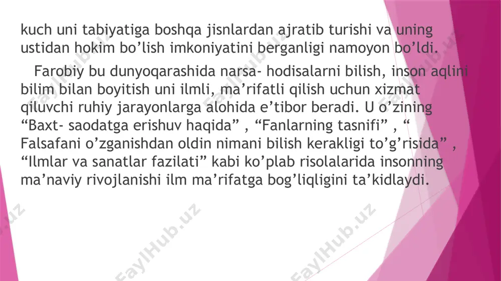 avoiyning asarlaridagi farhod, shirin, layli, dilorom, qays, shopur kabi ijobiy qahramonlar umuminsoniy tarbiya asosida tarbiyalanganlar, kamtarin, odobli, or-nomusli insonlardir. bu qahramonlar orqali yoshlarni ulardan ibrat olishga chorlaydi. alisher navoiyning barcha asarlari yoshlar tarbiyasi uchun muhim xazina hisoblanadi. u o’z asarlarida har bir so’zdan unumli va o’rinli foydalana olgan. har bir hikmati biz uchun ibratlidir. alisher navoiyning hayoti va merosi yoshlarda umuminsoniy fazilatlarni tarbiyalashda bizga har tomonlama namuna bo’ladi. ulug’ shoir o’zining ta’lim-tarbiyaga oid fikr-mulohazalari bilan barkamol avlod tarbiyasiga katta hissa qo’shdi, umuminsoniy fazilatlar to’g’risidagi fikrlari hozirgi davrimiz uchun ham muhimdir. e’tiboriz uchun rahmat image1.png image2.png image3.png image4.png image5.jpeg image6.png