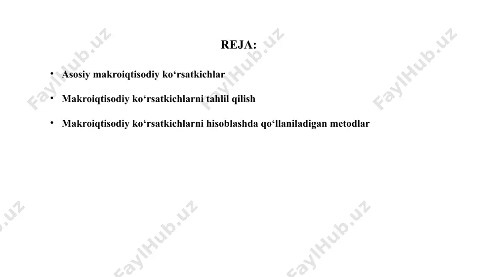 arxlari indeksi (cpi) yoki ishlab chiqarish narxlari indeksi (ppi) ishlatiladi. inflyatsiyaning turlari: sodda inflyatsiya: narxlarning o'sishi umumiy ravishda past darajada bo'ladi. yuqori inflyatsiya: narxlar tezda va katta miqdorda o'sadi, bu iqtisodiy muammolarni keltirib chiqarishi mumkin. giperinflyatsiya: narxlar juda tez, masalan, kunlar ichida o'zgarishi mumkin, bu iqtisodiy inqirozni bildiradi. tijorat balansining holati tijorat balans — mamlakatning eksport va import o'rtasidagi farqni ko'rsatadi. agar eksport importdan yuqori bo'lsa, bu savdo ortig'ini (surplus) anglatadi, aks holda savdo ochig'ini (deficit) bildiradi. hisoblash usullari: tijorat balansini hisoblashda eksport va importning qiymatlari o'rtasidagi farq aniqlanadi. tijorat balansini quyidagicha hisoblash mumkin: tijorat balansining holati=eksport−import agar bu qiymat musbat bo'lsa, bu savdo ortig'ini bildiradi, manfiy bo'lsa, savdo ochig'ini anglatadi. makroiqtisodiy ko'rsatkichlarni tahlil qilish makroiqtisodiy ko'rsatkichlarning o'zaro bog'liqligi makroiqtisodiy ko'rsatkichlarni tahlil qilishda iqtisodiyotning turli jabhalarini bir-biri bilan bog'liq holda baholash muhim ahamiyatga ega. bu ko'rsatkichlar o'rtasidagi o'zaro bog'liqlik iqtisodiyotning umumiy holatini yaxshilash yoki muammolarni aniqlashga yordam beradi. yaim (yalpi …