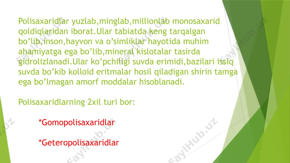 n glukoza monomerlarini chiqarish va ularning hujayralarda so’rilib,foydalanilishi uchun gidroliz orqali parchalanadi kimyoviy xossalari kraxmal mineral kislotalar ishtirokida qizdirilganda uning katta molekulalari kichikroq suvda eriydigan dekstringa parchalanadi.dekstrinlar o’z navbatida gidrolizlanib maltozaga maltoza esa 2molekula d-glukozaga parchalanadi. uni quyidagi sxema orqali ko’rishimiz mumkin: (c6h12o5)n (c6h12o5)m c12h22o11 c6h12o6 kraxmal yod bilan reaksiyaga kirishib, ko’k rangli kompleks birikma hosil qiladi. (c6h12o5)n + nj2 = ko’k rangli kompleks birikma. asosan fotosintez natijasida hosil bo’ladi nco2 + nh2o = cnh2non + no2 selluloza selluloza ham kraxmal kabi tabiiy polimerdir.o’simliklarni tanasi sellulozdan iborat.zichligi 1.4 - 1,55 ga teng.selluloza ham glukoza qoldiqlaridan iborat.faqat sellulozda glukoza qoldiqlar- 1,4-glikozid bog’lari bilan boglangan. kimyoviy xossalari gidroliz jarayoni uzoq vaqt sulfat kislota ishtirokida qizdirilganda hosil bo’ladi. bunda avval sellobioza va oxirgi mahsulot sifatida b-glukopiranoza hosil bo’ladi selluloza eterifikatsiya reaksiyasiga kirishadi. sellulozaning har bir tuzulish birligida 3tadan gidroksil guruh bo’lganligi uchun shu guruhlar hisobiga organik kislota va kislota gallogen angidridlari bilan reaksiyaga …