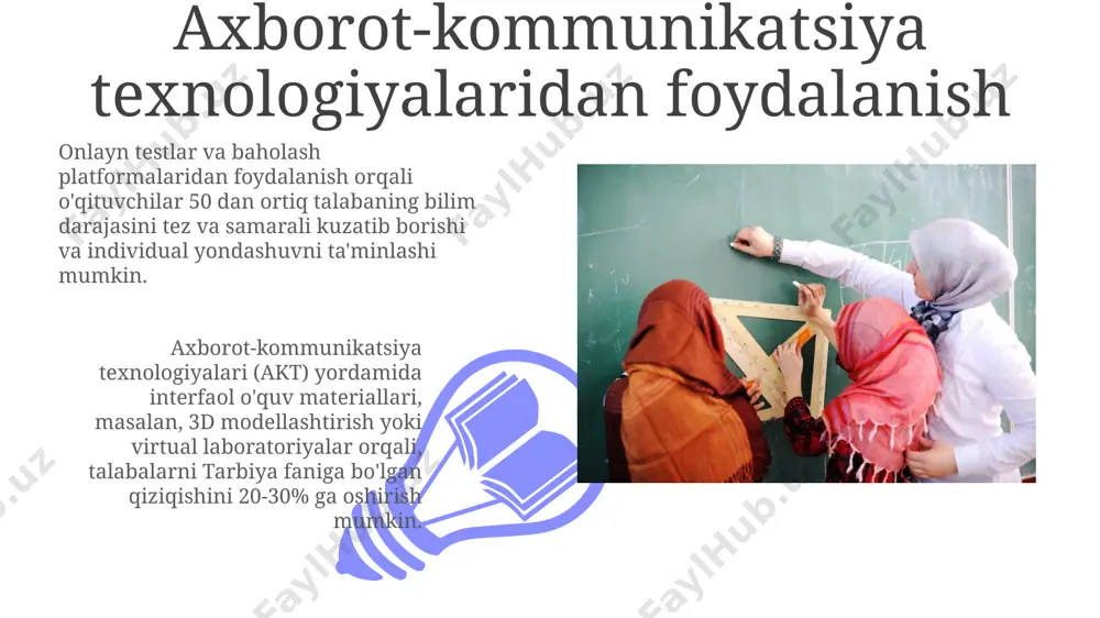 lektni rivojlantirishda 3 ta asosiy komponent – o‘z-o‘zini anglash, ijtimoiy onglilik va munosabatlarni boshqarish ko‘nikmalarini rivojlantirishga teng darajada e’tibor berish kerak. tarbiya jarayonida oila va jamoatchilik bilan hamkorlik tarbiya jarayonida ota-onalar bilan kamida oyiga 2 marta uchrashuvlar o'tkazish, ularning farzand tarbiyasi bo'yicha fikr-mulohazalarini o'rganish va qo'llab-quvvatlash mexanizmlarini joriy etish samarali natijalar beradi. jamoatchilik bilan, xususan mahalla faollari va diniy tashkilotlar bilan hamkorlikda 3 ta muhim yo'nalish – axloqiy tarbiya, ijtimoiy moslashuv va kasbiy yo'naltirish bo'yicha loyihalarni amalga oshirish muhimdir. tarbiya ta’limining zamonaviy pedagogik asoslari interfaol usullar, masalan, “miyaning hujumi” (brainstorming) yoki hamkorlikdagi o’rganish (cooperative learning) kabi 5 tadan ortiq turdagi texnikalar tarbiya ta’limining samaradorligini oshiradi. zamonaviy pedagogik texnologiyalar, jumladan, 10 dan ortiq turdagi onlayn platformalar va dasturlar, tarbiya ta’limining sifatini yaxshilash va o’quvchilarning faol ishtirokini ta’minlashda muhim rol o’ynaydi. interfaol o'qitish usullarini qo'llash 01 02 interfaol usullar, masalan, rol o'ynash o'yinlari yoki simulyatsiyalar, tarbiya fanida murakkab tushunchalarni tushunarli va amaliy …