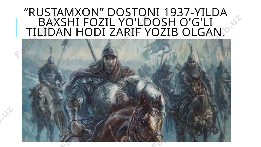hun ular xalq dostonlari deb yuritiladi. favqulodda xususiyatlarga ega qahramonlarning boshidan o'tgan qaltis voqealar she'r va nasriy yo'lda aralash tasvirlangan yirik hajmli, muallifi noma'lum epik asar­lar xalq dostonlari deyiladi. 1. qahramonlik dostonlari. 2. jangnoma dostonlar. 3. romanik dostonlar. 4. tarixiy dostonlar. 5. kitobiy dostonlar. xalq dostonlar olimlar tomonidan quyidagi turlarga ajratilgan: sa’j nima? xalq dostonlaridagi nasriy tasvirlar ham juda o'ziga xos bo'lib, ko'pincha, saj' yo'lida, ya'ni qofiyali sochma ko'rinishida keladi. nasriy tasvirlarning bu tarzda berilishi xalq dostonlarining ifoda darajasini yuksaltirib, badiiy ta'sirchanligini orttiradi. epik qolip nima? xalq dostonlarining deyarli hammasida uchraydigan ifoda va tasvirlar folklorshunoslikda "epik qoliplar" deyiladi. ular xalq dostonlarida takrorlanib turadigan holatlar tasvirida qo'llaniladi. dostonlarning boshlanish va tugallanishi, personajlaming ko'rinishi, o'zaro munosabatlari, tulporlarga berilgan ta'riflar, safar yoki jang tasvirida epik qoliplardan foydalaniladi. misol uchun: "dam shu damdir, o'zga damni dam dema, boshing eson, davlatingni kam dema" yoki: "kokillarim eshilgandir tol-tol, har toliga bersa yetmas dunyo mol". image2.jpg audio1.wav …