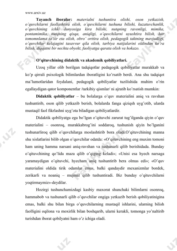 olmas edi»; «o’quv materialini oldida tirik odamlar emas, balki qandaydir mexanizmlar bordek, zerikarli va noaniq – mujmal qilib tushuntiradi. biz bunday o’qituvchilarni yoqtirmaymiz»-deydilar. hozirgi tushunchamizdagi kasbiy maxorat shunchaki bilimlarni osonroq, hammabob va tushunarli qilib o’quvchilar ongiga yetkazib berish qobiliyatinigina emas, balki shu bilan birga o’quvchilarning mustaqil ishlarini, ularning bilish faolligini oqilona va moxirlik bilan boshqarib, ularni kerakli, tomonga yo’naltirib turishdan iborat qobilyatni ham o’z ichiga oladi. mana shu qobiliyatlar asosida o’quvchilar psixologiyasiga xos doimiy ustanovka /yo’naltirish/ yetadi. qobiliyatli pedagog o’quvchilarning tayyorlik darajasini, ularning taraqqiyot darajasini hisobga olgan holda bolalarning nimani bilishi va nimani bilmasligini, nimalarni allaqachon esdan chiqarganliklarini tasavvur qila oladi. ko’pchilik o’qituvchilarga, ayniqsa xafsalasiz o’qituvchilarga, o’quv materiali oddiygina va hyech qanday aloxida tushuntirish hamda izoh berishni talab qilmaydigandek tuyuladi. bunday o’qituvchilar o’quvchilarni emas, balki birinchi galda o’zlarini nazarda tutib ish olib boradilar. shuning uchun ham o’quv materialini o’ziga qarab tanlaydilar. qobiliyatli, tajribali o’qituvchilar esa o’zlarini o’quvchi o’rniga qo’yib, kattalar …