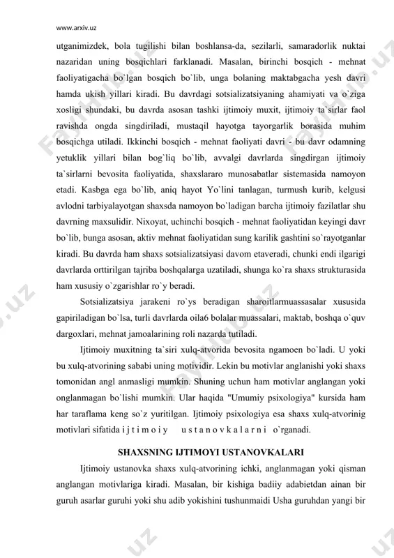 en bo`ladi. u yoki bu xulq-atvorining sababi uning motividir. lekin bu motivlar anglanishi yoki shaxs tomonidan angl anmasligi mumkin. shuning uchun ham motivlar anglangan yoki onglanmagan bo`lishi mumkin. ular haqida "umumiy psixologiya" kursida ham har taraflama keng so`z yuritilgan. ijtimoiy psixologiya esa shaxs xulq-atvorinig motivlari sifatida i j t i m o i y u s t a n o v k a l a r n i o`rganadi. shaxsning ijtimoyi ustanovkalari ijtimoiy ustanovka shaxs xulq-atvorining ichki, anglanmagan yoki qisman anglangan motivlariga kiradi. masalan, bir kishiga badiiy adabietdan ainan bir guruh asarlar guruhi yoki shu adib yokishini tushunmaidi usha guruhdan yangi bir kitob kitob qo`lga kirganda u albatta yokishi kerak degan tasavvurda bo`ladi shu manoda olib qaralganda ijtimoiy ustanovka shaxsdagi anglanmagan munosatbatlarga o`xshaydi. lekin aslida uning tabiati juda murakkabdir. chunki ijtimoiy ustanovka tushunchasida munosabatlar ham, shaxsiy ma`no ham, baholar sistemasi ham, bilimlar ham o`z ifodasini topadi. ya`ni ijtimoiy ustanovka shaxsning …
