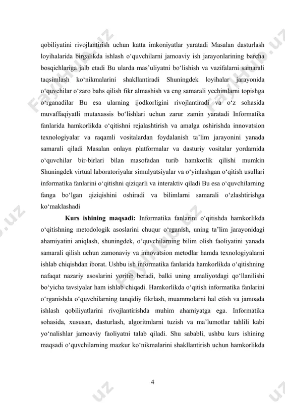 ilg‘or usullari ko‘rib chiqiladi. kurs ishining maqsadi shuningdek, informatika fanlarida hamkorlikda o‘qitish orqali o‘quvchilarning ijtimoiy va emotsional ko‘nikmalarini rivojlantirishga ham qaratilgan. guruhda ishlash jarayonida o‘quvchilar bir-birlari bilan o‘zaro muloqot qilish, fikr almashish va turli muammolarni birgalikda hal qilish kabi qobiliyatlarni rivojlantiradilar. bu nafaqat ta’lim jarayonining samaradorligini oshiradi, balki o‘quvchilarni kelajakdagi kasbiy faoliyatga tayyorlashda ham muhim omil hisoblanadi. kurs ishining vazifalari: · hamkorlikda o'qitishning pedagogik asoslarini va uning informatika fanlariga tatbiq etilishini o'rganish · hamkorlikda o'qitishning samaradorligini oshirish uchun zamonaviy metodlar va texnologiyalarni ishlab chiqish, shu jumladan, informatika fanlari o'qitishining yangi yondoshuvlarini aniqlash. hamkorlikda o'qitish metodlarini amaliyotga qo'llash, o'quvchilarning fikrlarini erkin ifodalashga, guruh bo'lib ishlashga, birgalikda muammolarni hal qilishga o'rgatish. informatika fanlari bo'yicha o'qituvchilarni hamkorlikda o'qitish metodikasi bo'yicha malakasini oshirishga doir tavsiyalar ishlab chiqish. informatika ta'limining samaradorligini baholash va uni rivojlantirishga doir tavsiyalar ishlab chiqish. kurs ishini obyekti: informatika fanlarini o'qitishda hamkorlikda o'qitishning metodik va texnologik asoslarini qo'llash jarayonidir. ushbu jarayon, …